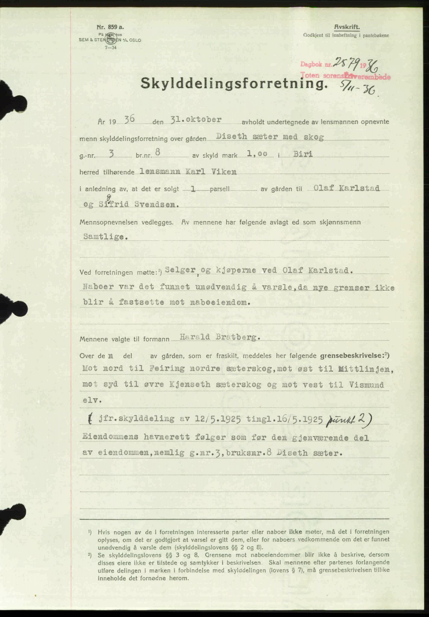 Toten tingrett, AV/SAH-TING-006/H/Hb/Hbc/L0002: Mortgage book no. Hbc-02, 1936-1937, Diary no: : 2579/1936