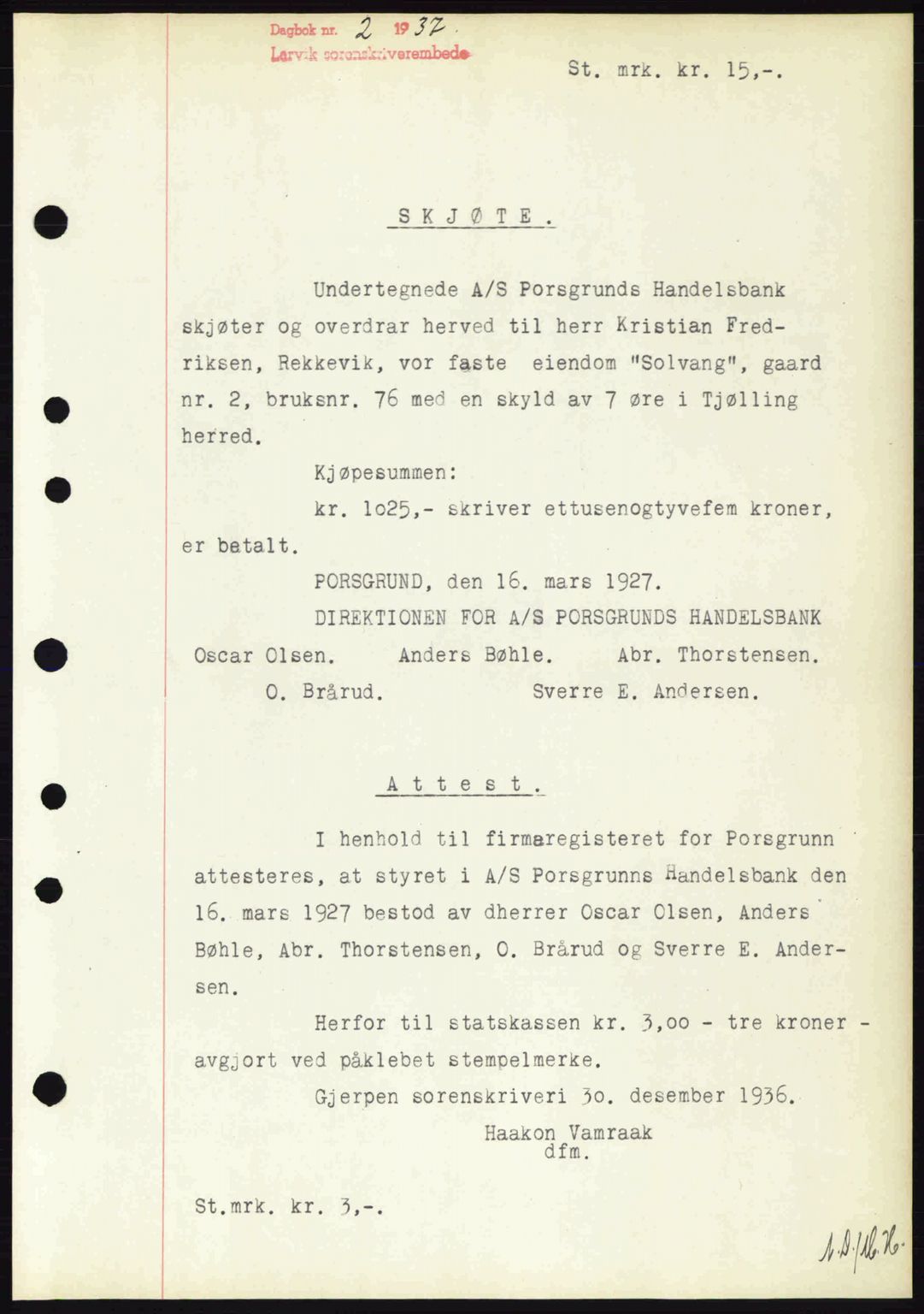 Larvik sorenskriveri, SAKO/A-83/G/Ga/Gab/L0067: Mortgage book no. A-1, 1936-1937, Diary no: : 2/1937
