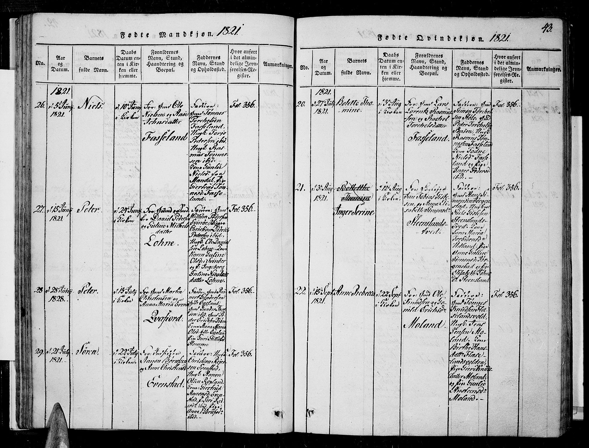 Sør-Audnedal sokneprestkontor, AV/SAK-1111-0039/F/Fa/Fab/L0005: Parish register (official) no. A 5, 1816-1830, p. 43