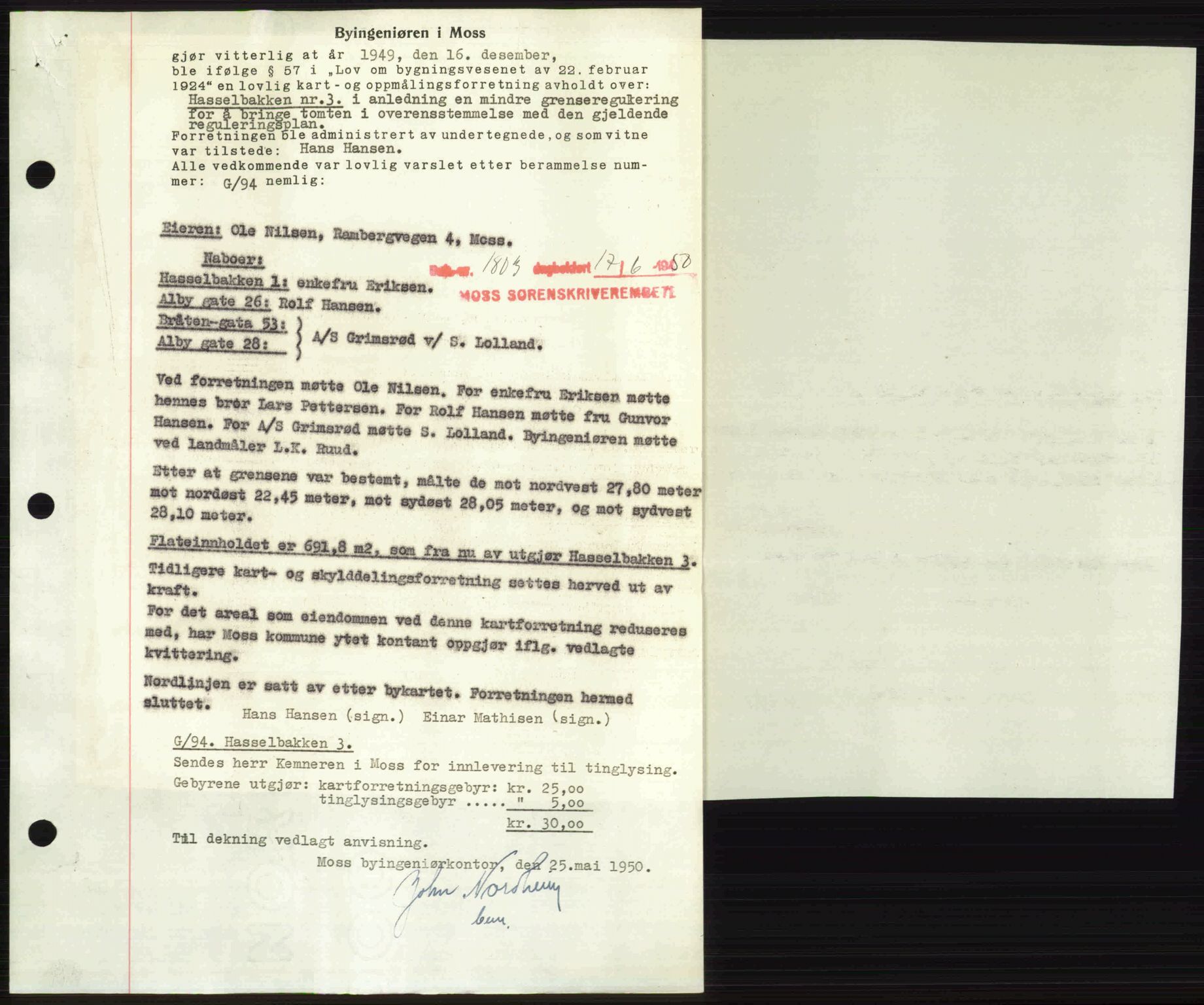 Moss sorenskriveri, AV/SAO-A-10168: Mortgage book no. A26, 1950-1950, Diary no: : 1803/1950