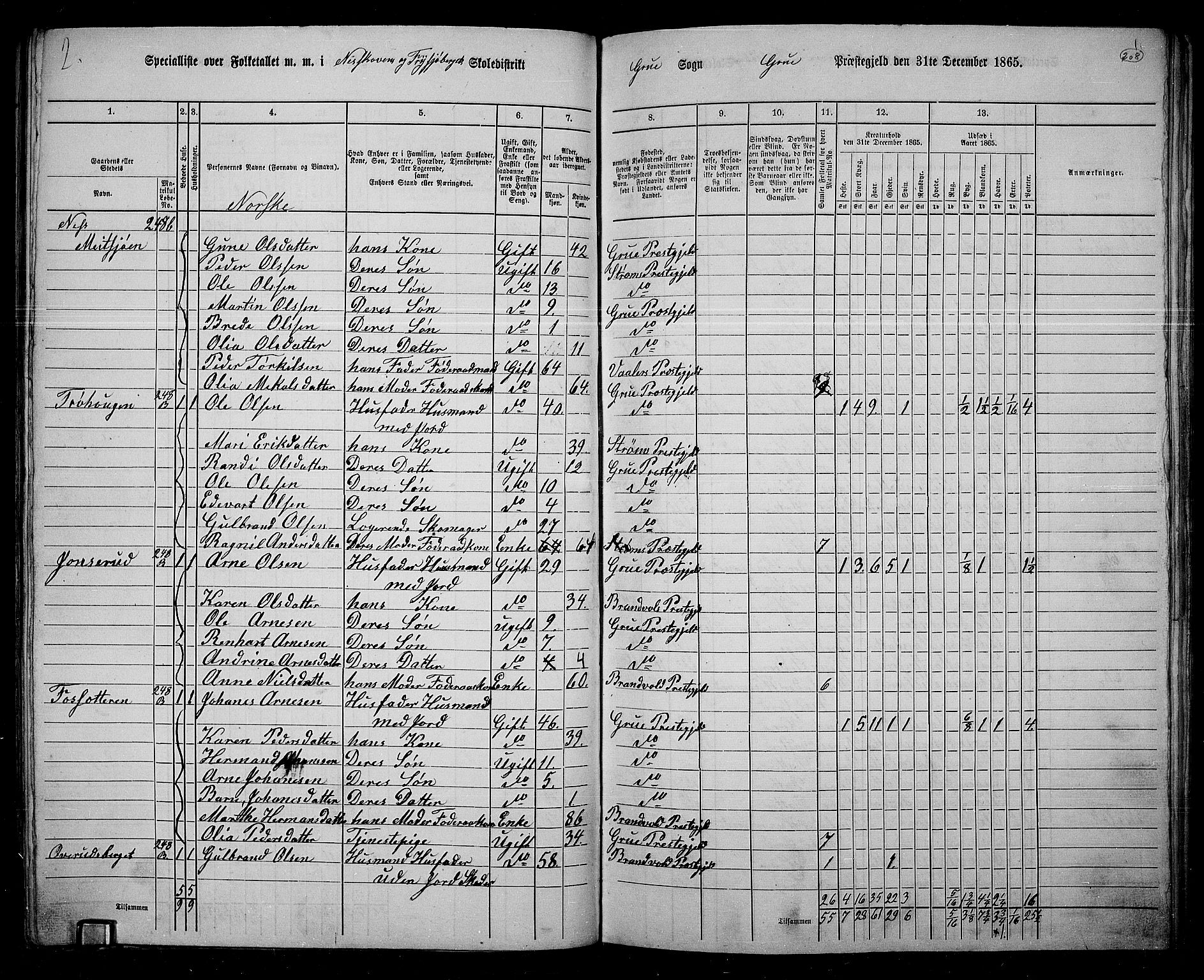 RA, 1865 census for Grue, 1865, p. 181