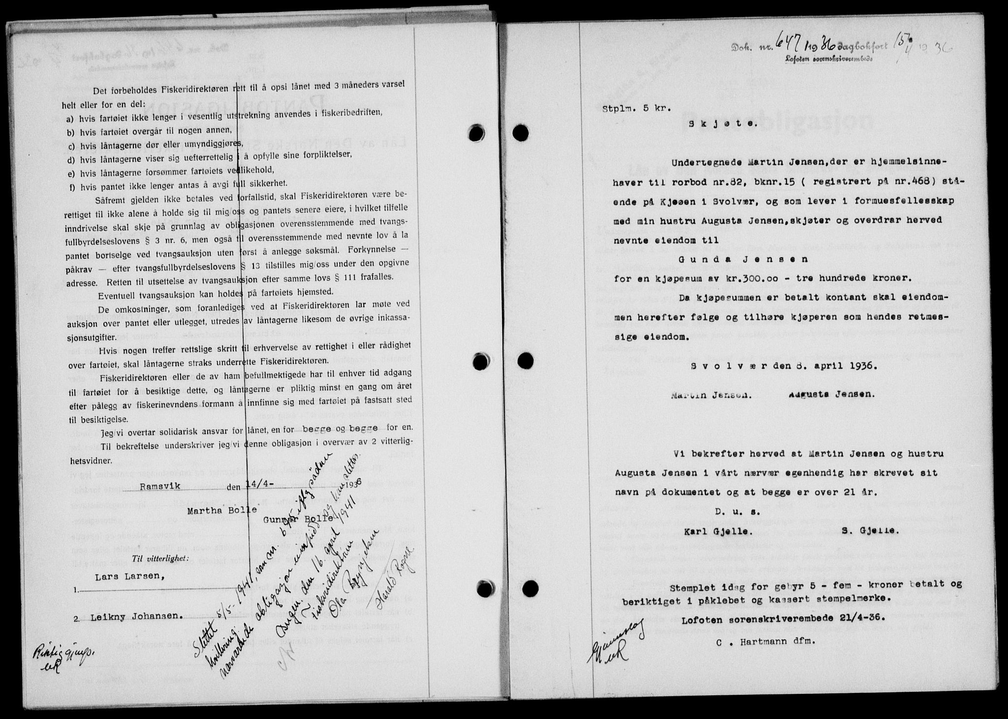 Lofoten sorenskriveri, SAT/A-0017/1/2/2C/L0033b: Mortgage book no. 33b, 1936-1936, Diary no: : 647/1936