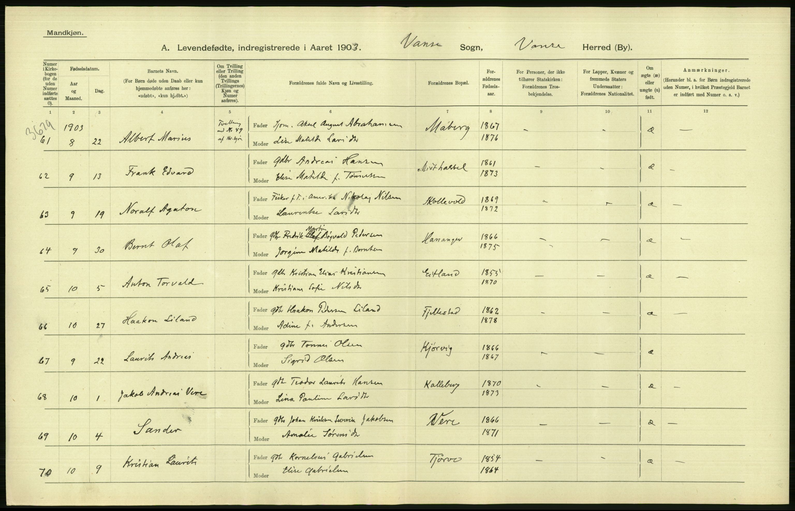 Statistisk sentralbyrå, Sosiodemografiske emner, Befolkning, AV/RA-S-2228/D/Df/Dfa/Dfaa/L0011: Lister og Mandal amt: Fødte, gifte, døde, 1903, p. 86