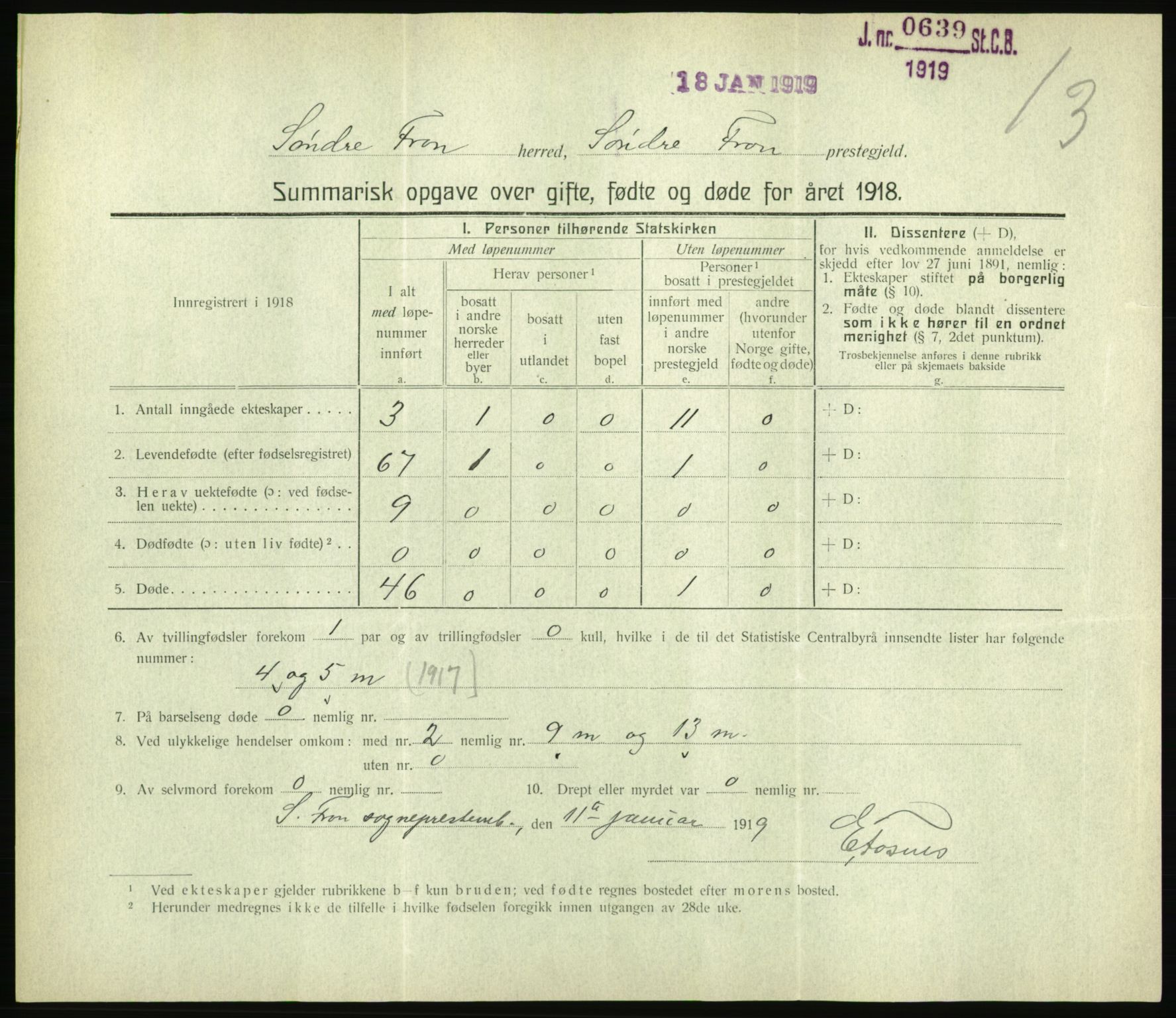 Statistisk sentralbyrå, Sosiodemografiske emner, Befolkning, RA/S-2228/D/Df/Dfb/Dfbh/L0059: Summariske oppgaver over gifte, fødte og døde for hele landet., 1918, p. 325