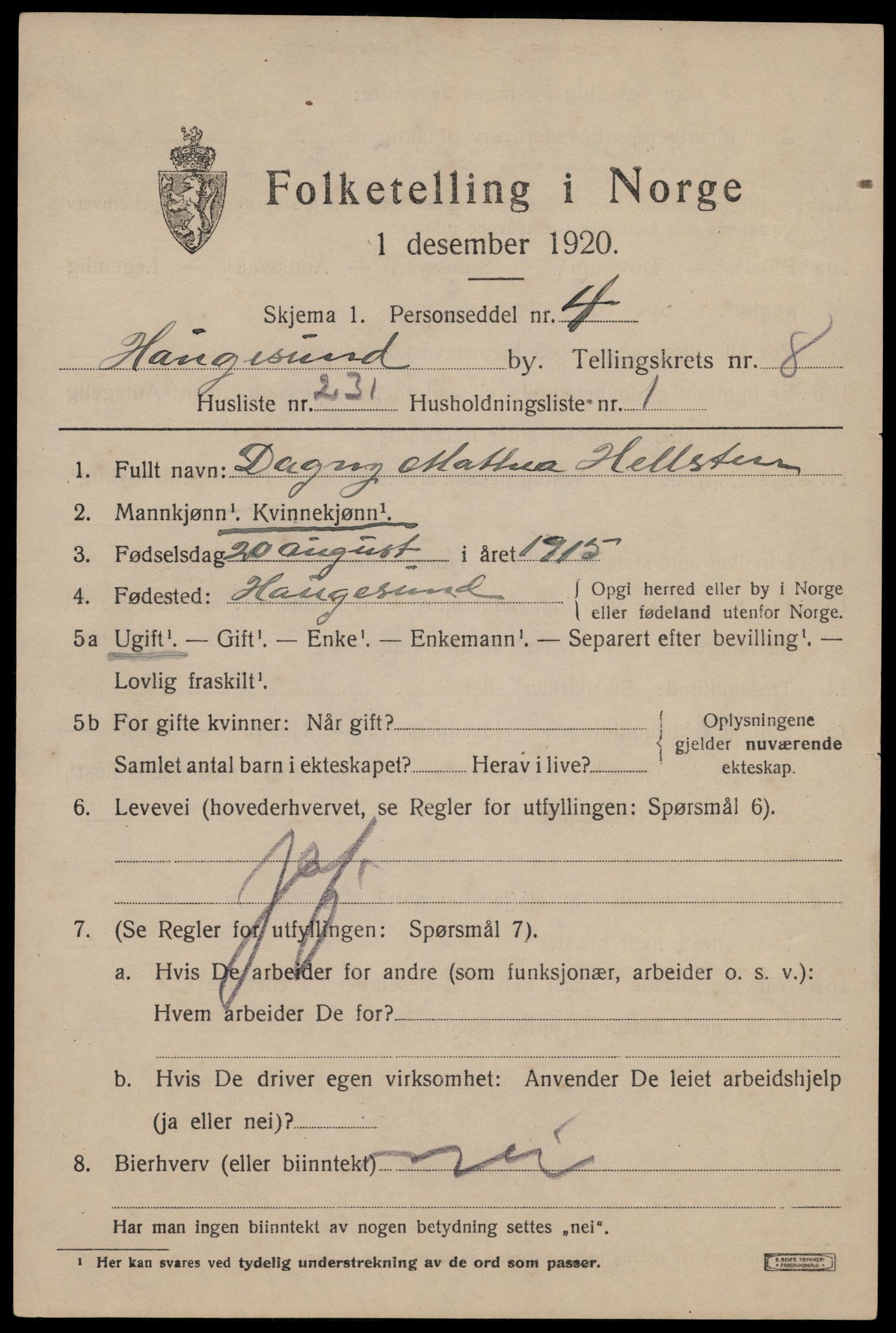 SAST, 1920 census for Haugesund, 1920, p. 32169