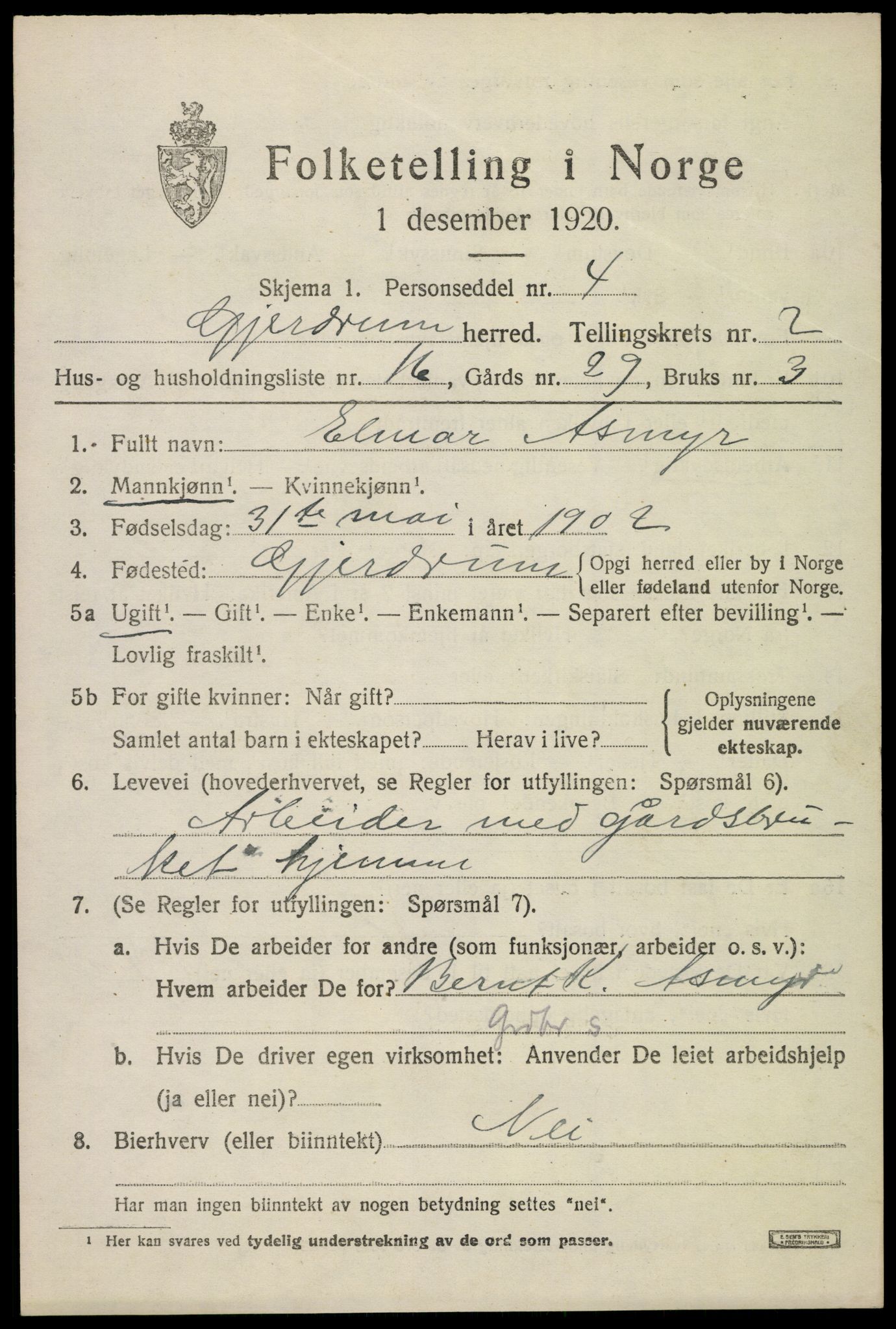 SAO, 1920 census for Gjerdrum, 1920, p. 1486