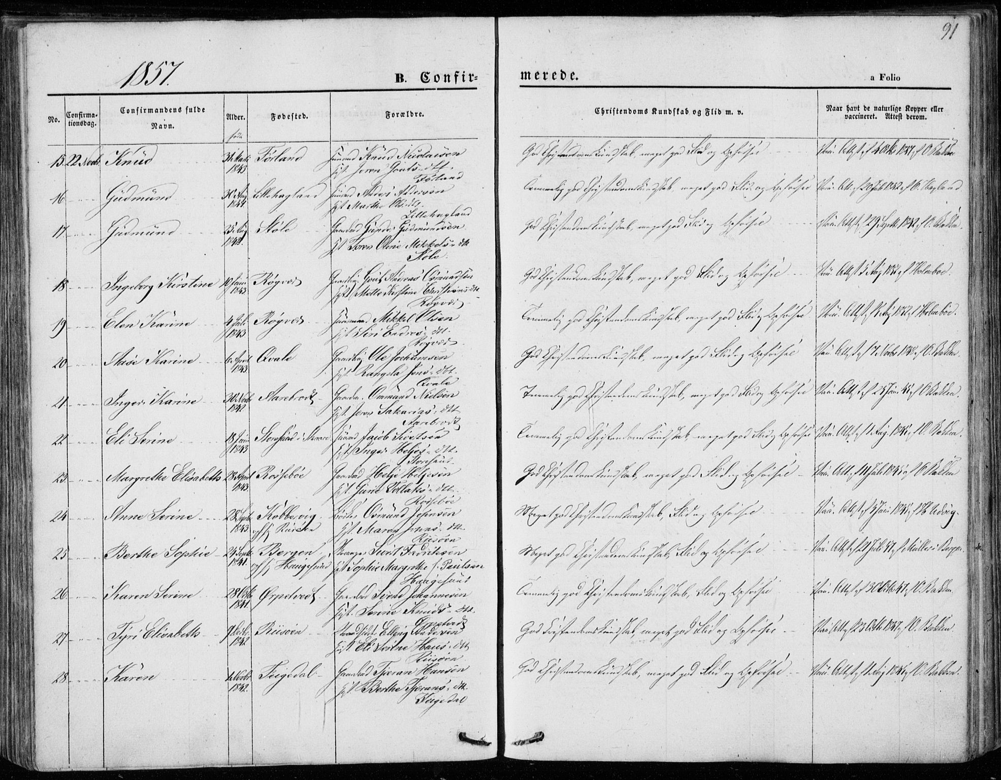 Torvastad sokneprestkontor, SAST/A -101857/H/Ha/Haa/L0011: Parish register (official) no. A 11, 1857-1866, p. 91