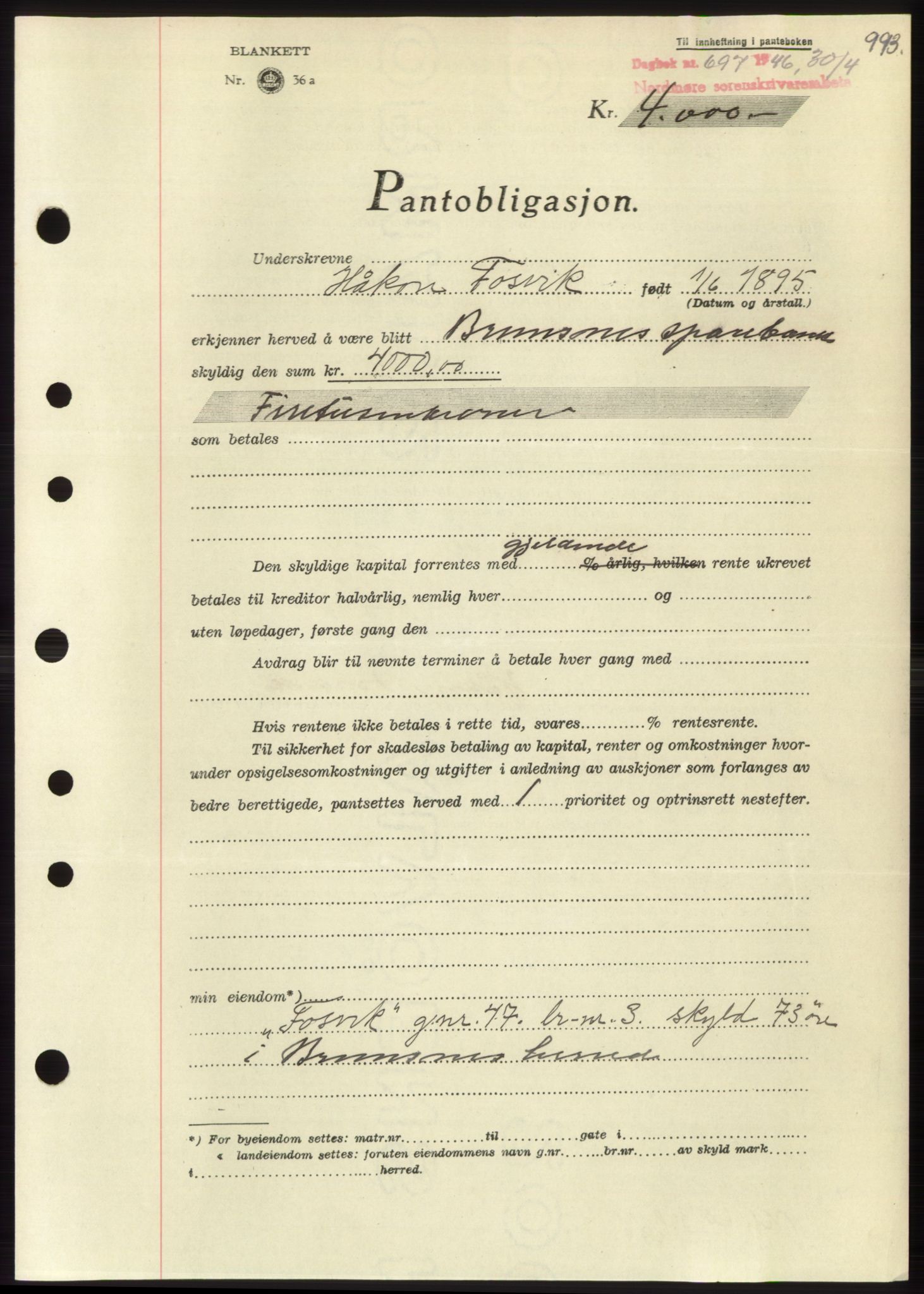 Nordmøre sorenskriveri, AV/SAT-A-4132/1/2/2Ca: Mortgage book no. B93b, 1946-1946, Diary no: : 697/1946