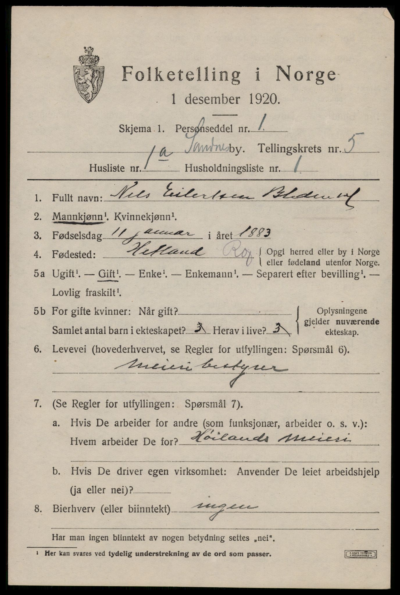 SAST, 1920 census for Sandnes, 1920, p. 4624