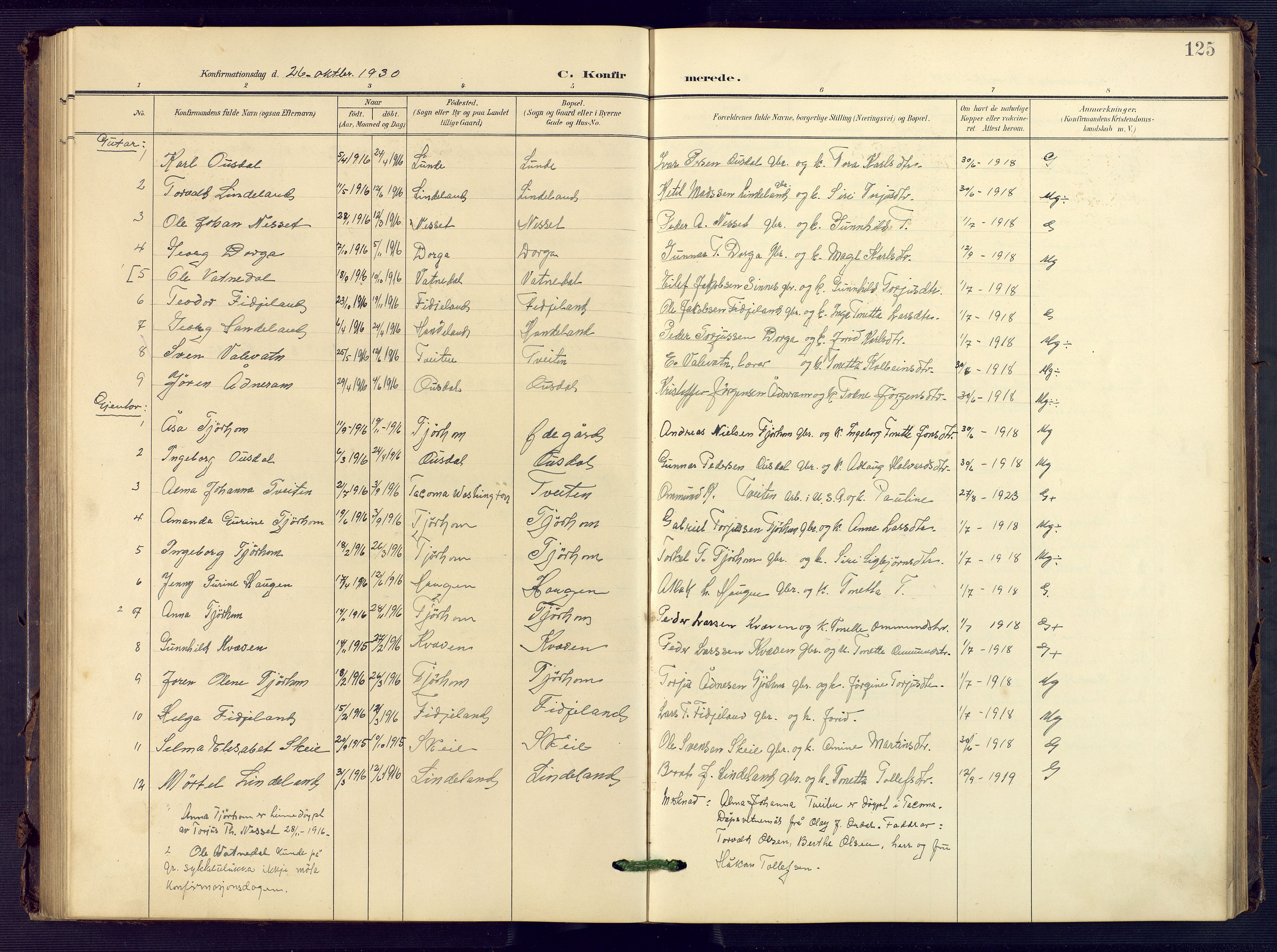 Sirdal sokneprestkontor, SAK/1111-0036/F/Fb/Fba/L0002: Parish register (copy) no. B 2, 1905-1958, p. 125