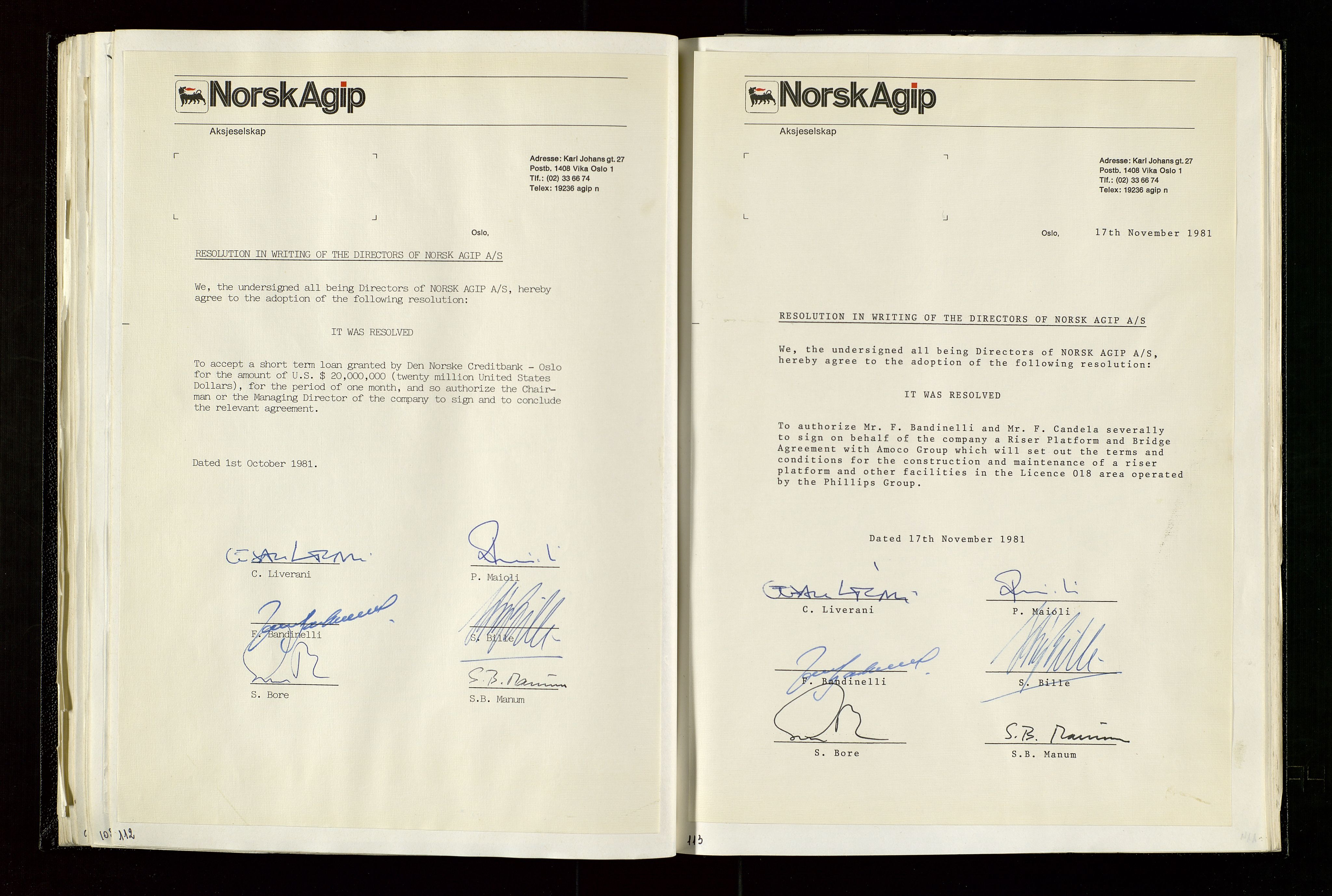 Pa 1583 - Norsk Agip AS, SAST/A-102138/A/Aa/L0003: Board of Directors meeting minutes, 1979-1983, p. 112-113