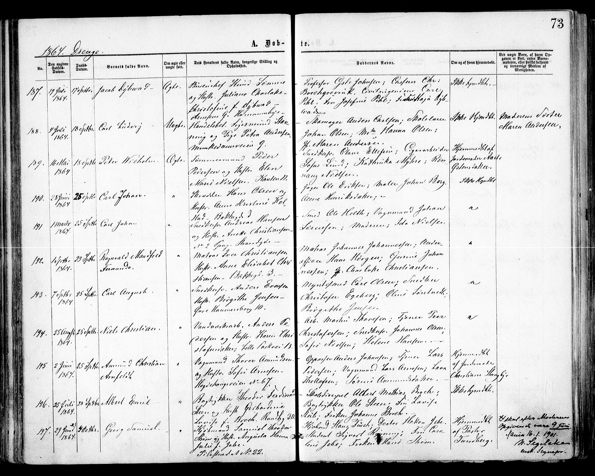 Trefoldighet prestekontor Kirkebøker, SAO/A-10882/F/Fa/L0002: Parish register (official) no. I 2, 1863-1870, p. 73