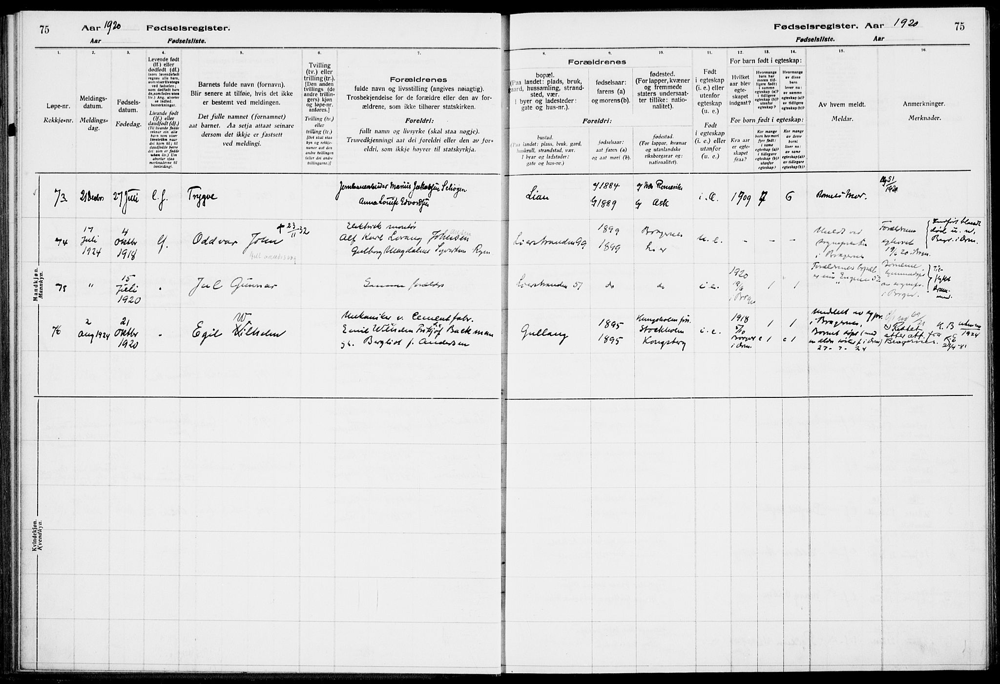 Lier kirkebøker, AV/SAKO-A-230/J/Ja/L0001: Birth register no. 1, 1916-1928, p. 75