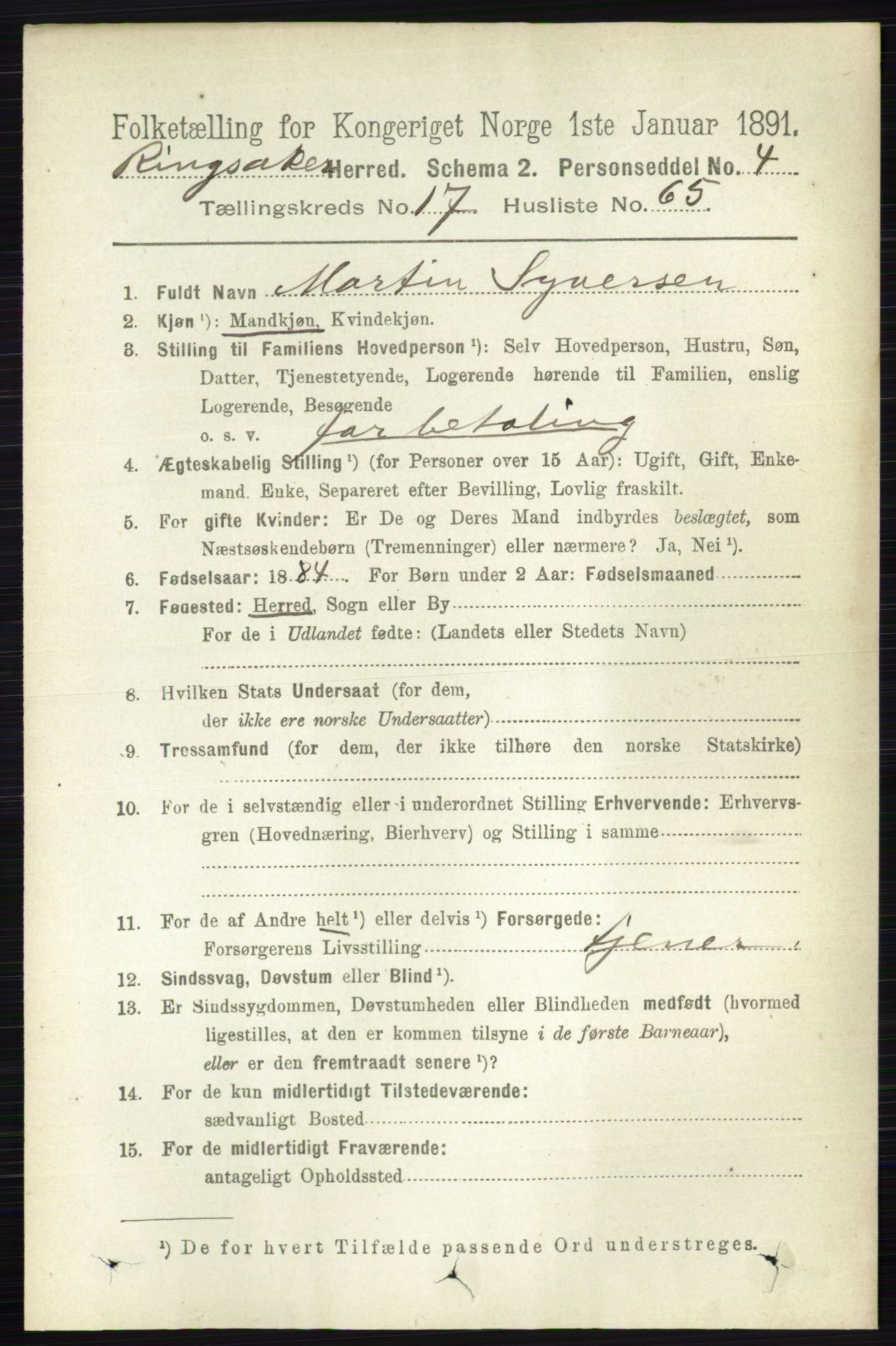 RA, 1891 census for 0412 Ringsaker, 1891, p. 10181