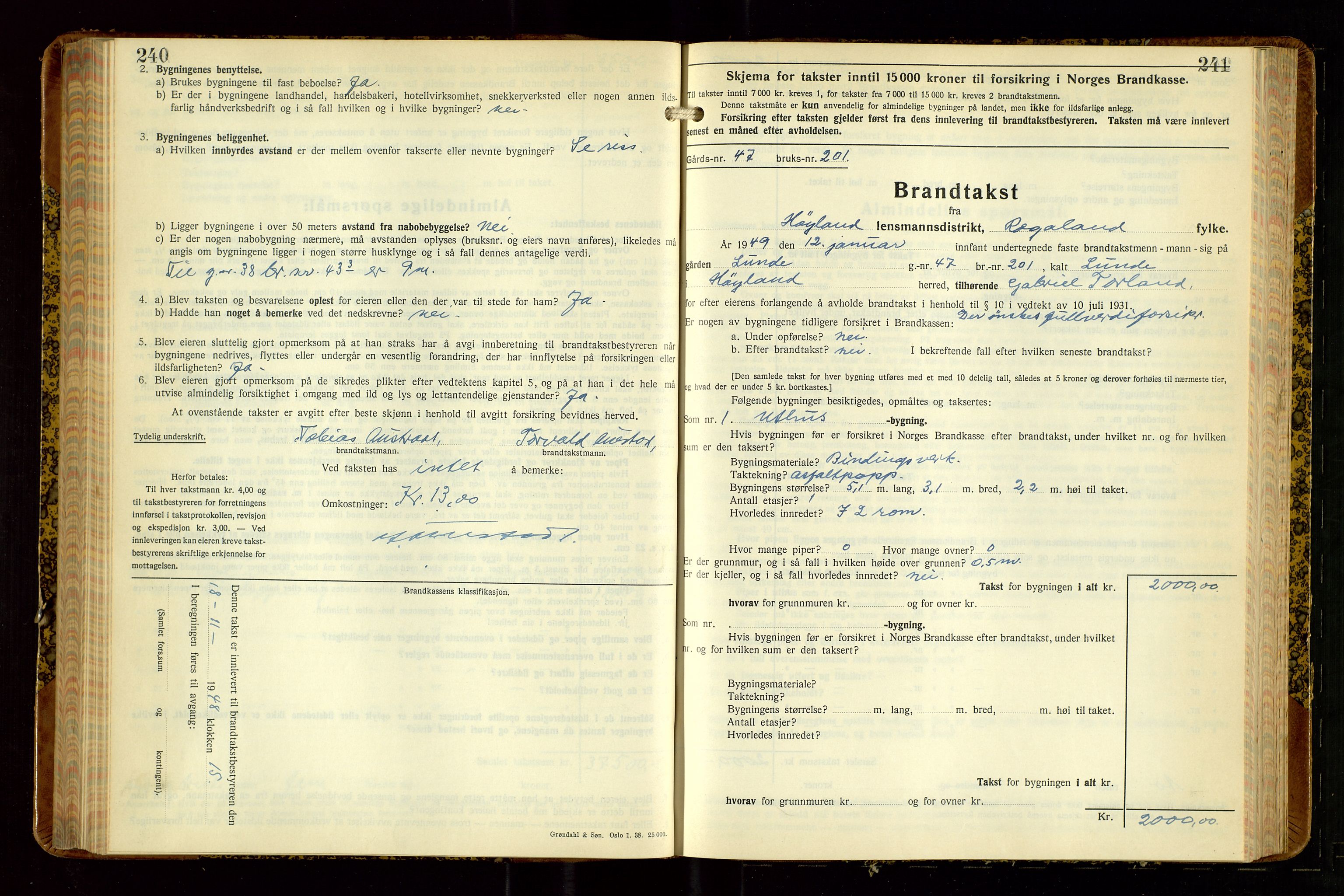 Høyland/Sandnes lensmannskontor, AV/SAST-A-100166/Gob/L0008: "Branntakstprotokoll", 1940-1952, p. 240-241