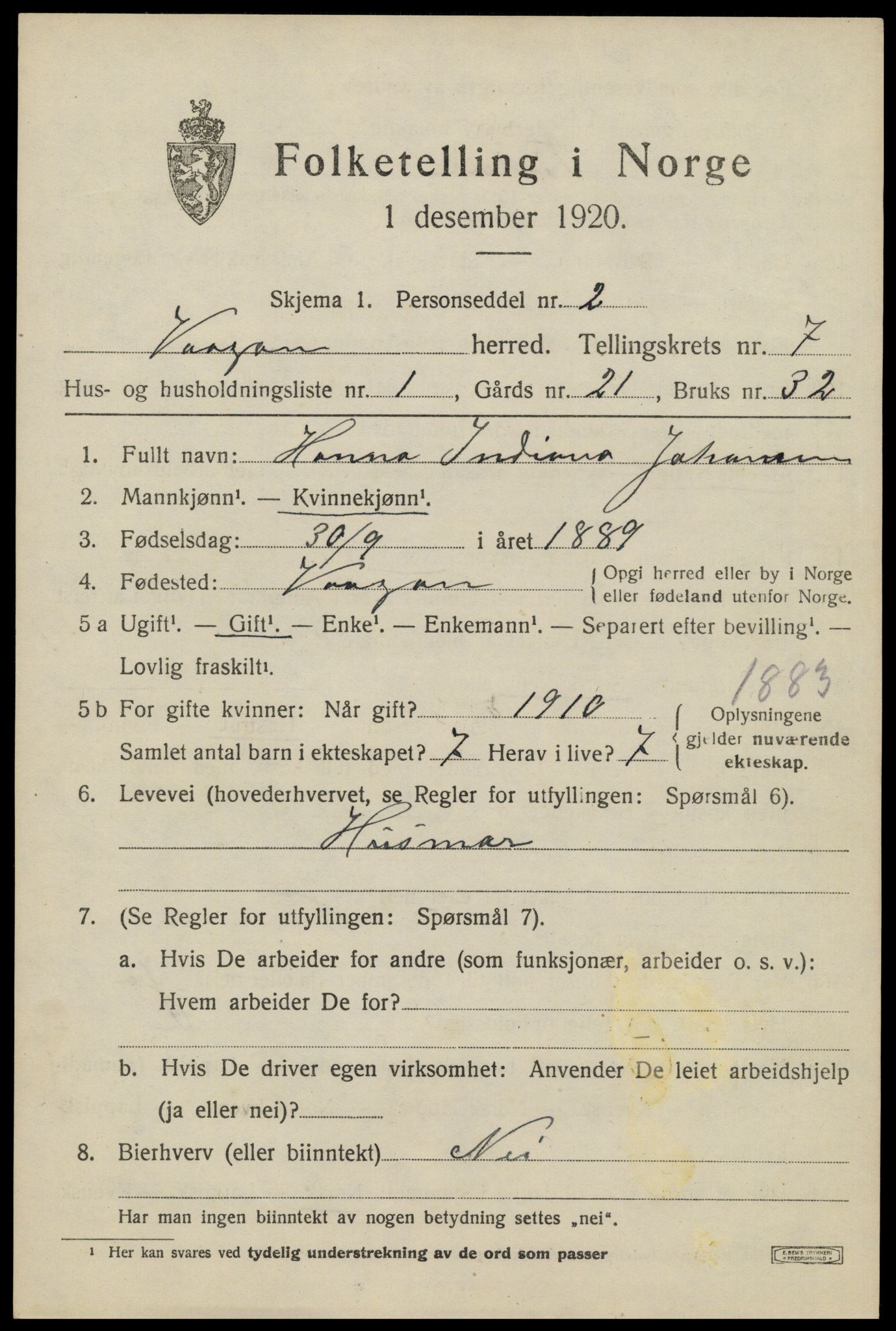 SAT, 1920 census for Vågan, 1920, p. 6393