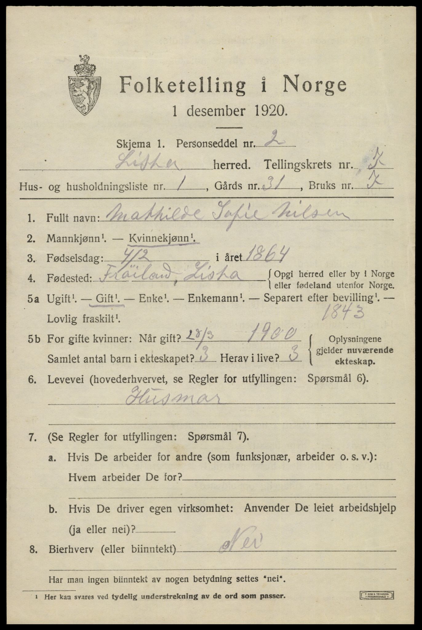 SAK, 1920 census for Lista, 1920, p. 6969