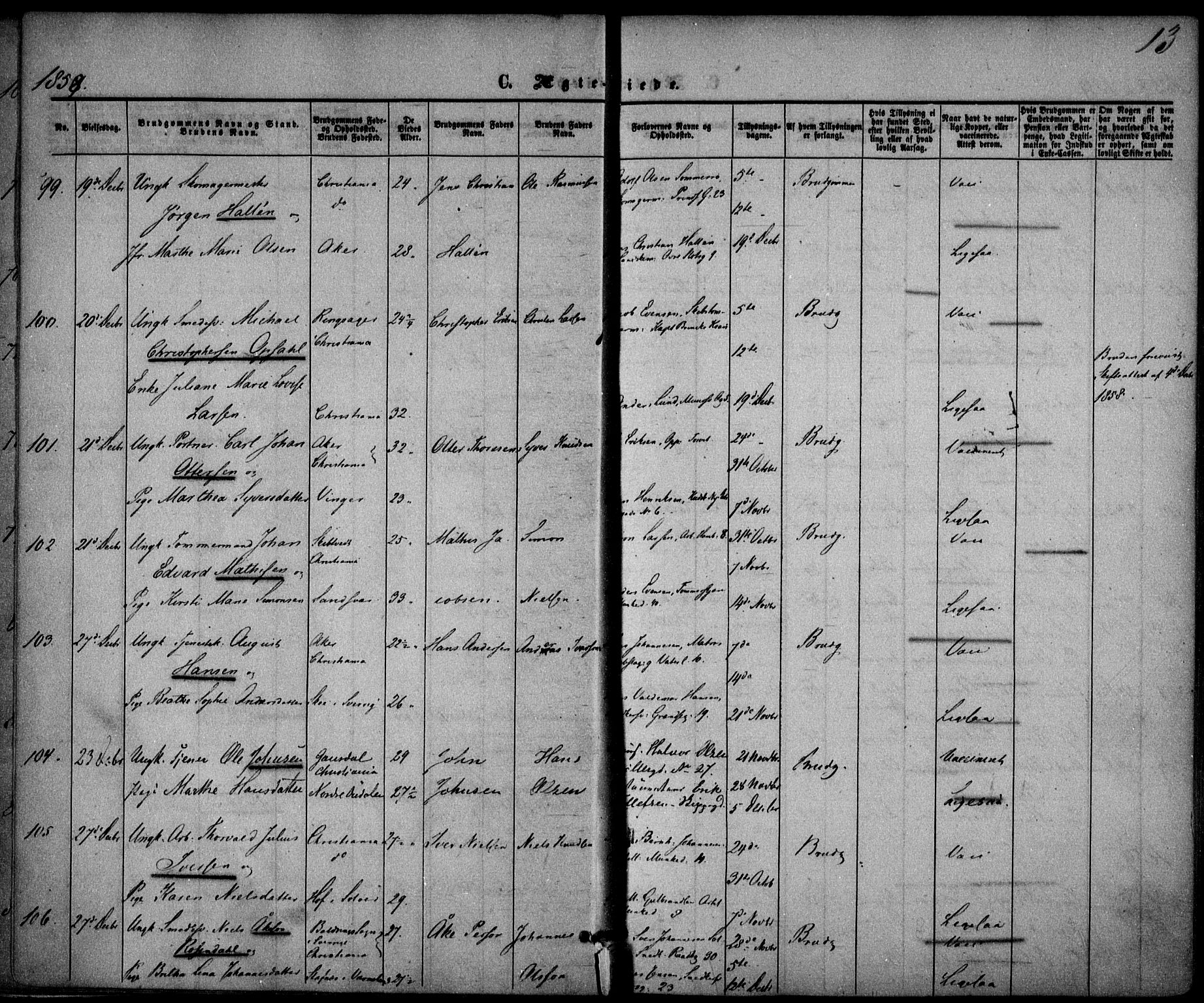 Trefoldighet prestekontor Kirkebøker, AV/SAO-A-10882/F/Fc/L0001: Parish register (official) no. III 1, 1858-1874, p. 13