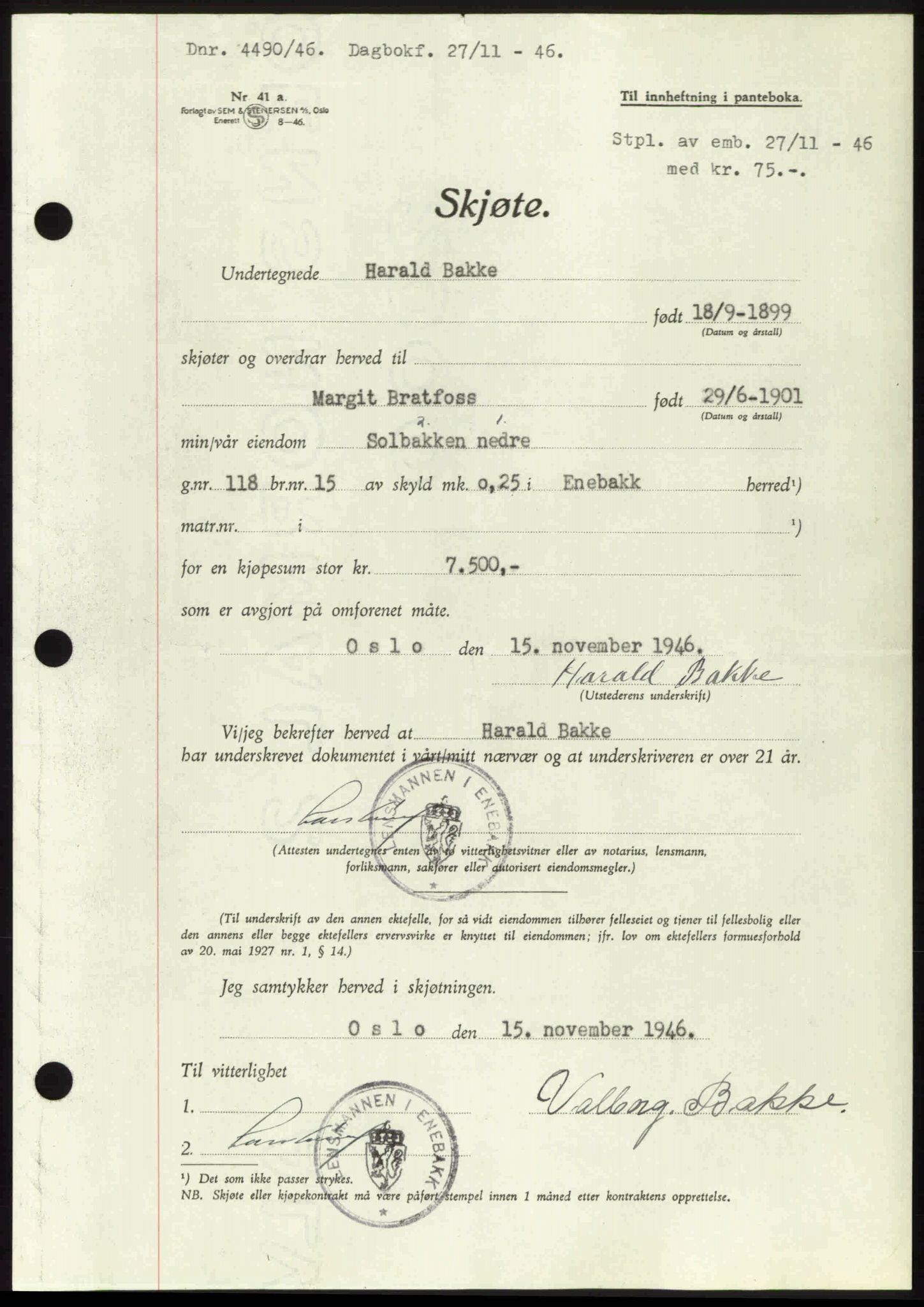 Nedre Romerike sorenskriveri, AV/SAO-A-10469/G/Gb/Gbd/L0017: Mortgage book no. 17, 1946-1946, Diary no: : 4490/1946