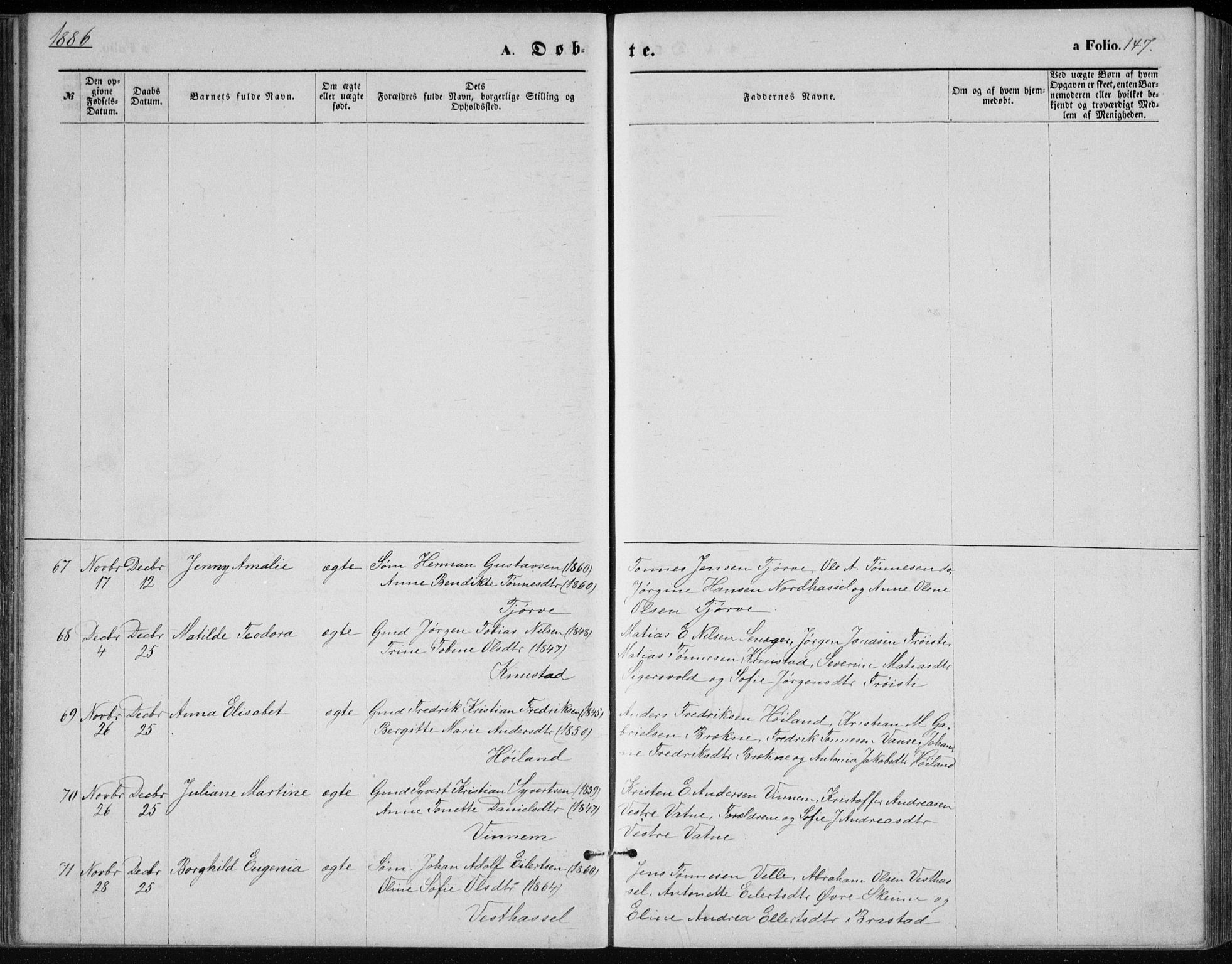 Lista sokneprestkontor, SAK/1111-0027/F/Fb/L0004: Parish register (copy) no. B 4, 1877-1891, p. 147
