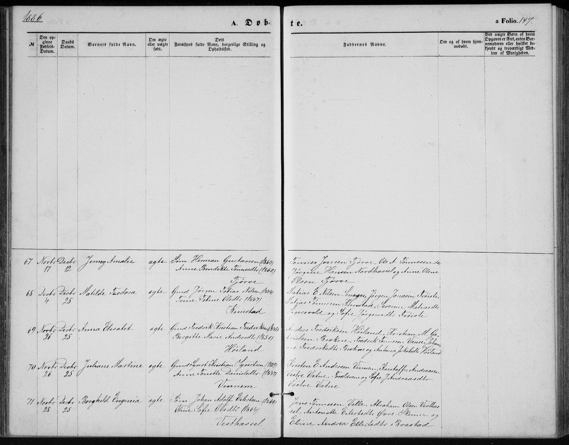 Lista sokneprestkontor, AV/SAK-1111-0027/F/Fb/L0004: Parish register (copy) no. B 4, 1877-1891, p. 147