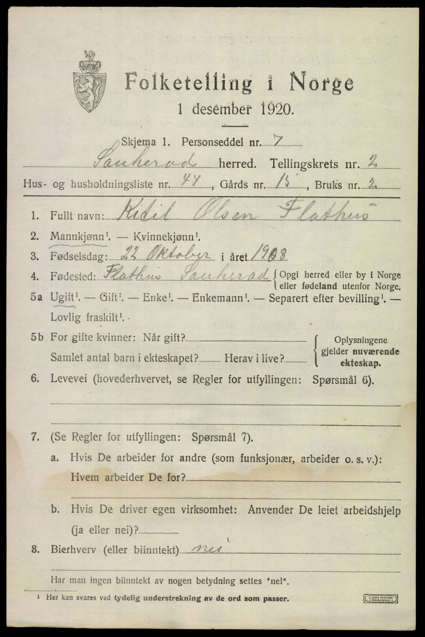 SAKO, 1920 census for Sauherad, 1920, p. 2773