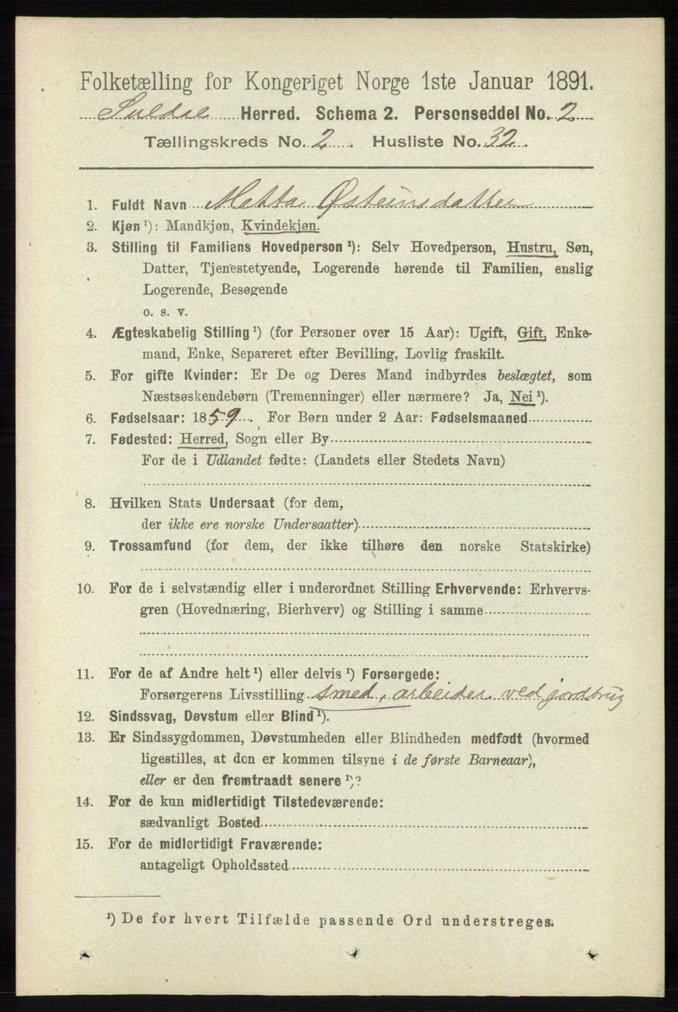 RA, 1891 census for 1134 Suldal, 1891, p. 425