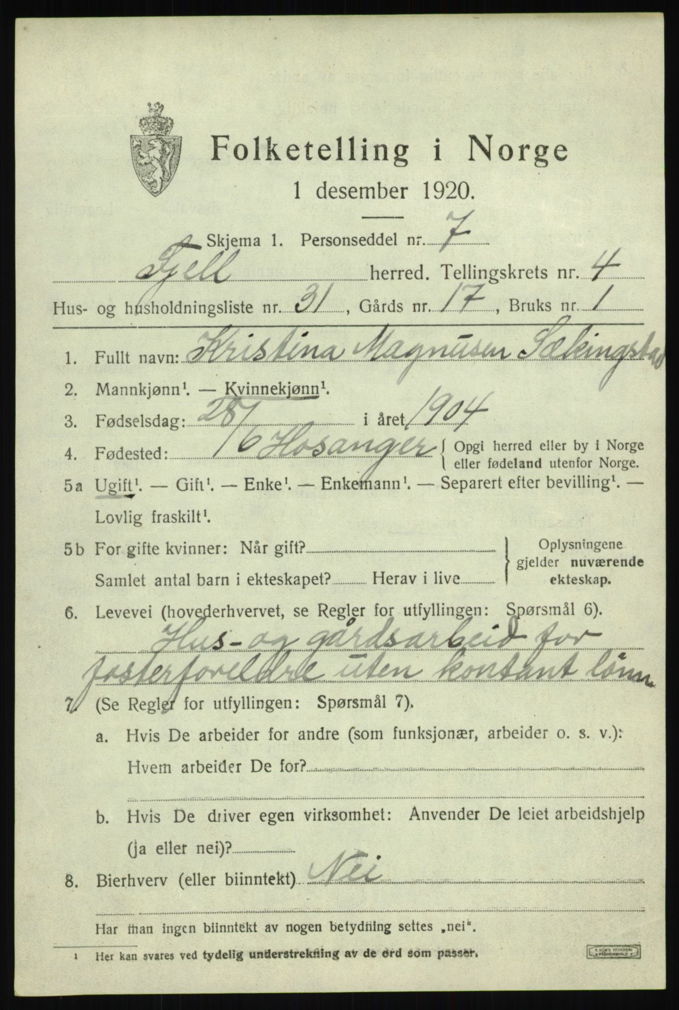 SAB, 1920 census for Fjell, 1920, p. 4106