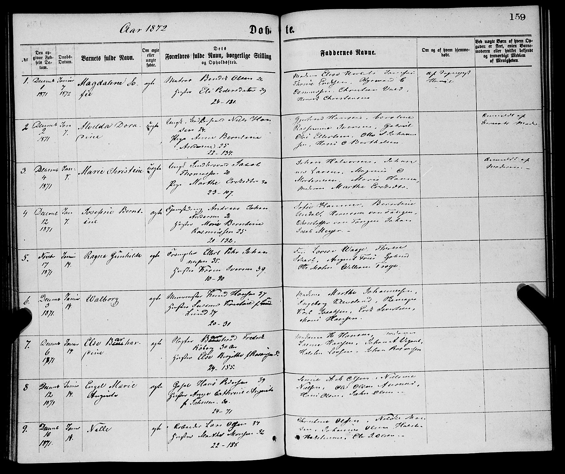 Korskirken sokneprestembete, AV/SAB-A-76101/H/Haa/L0020: Parish register (official) no. B 6, 1871-1878, p. 159