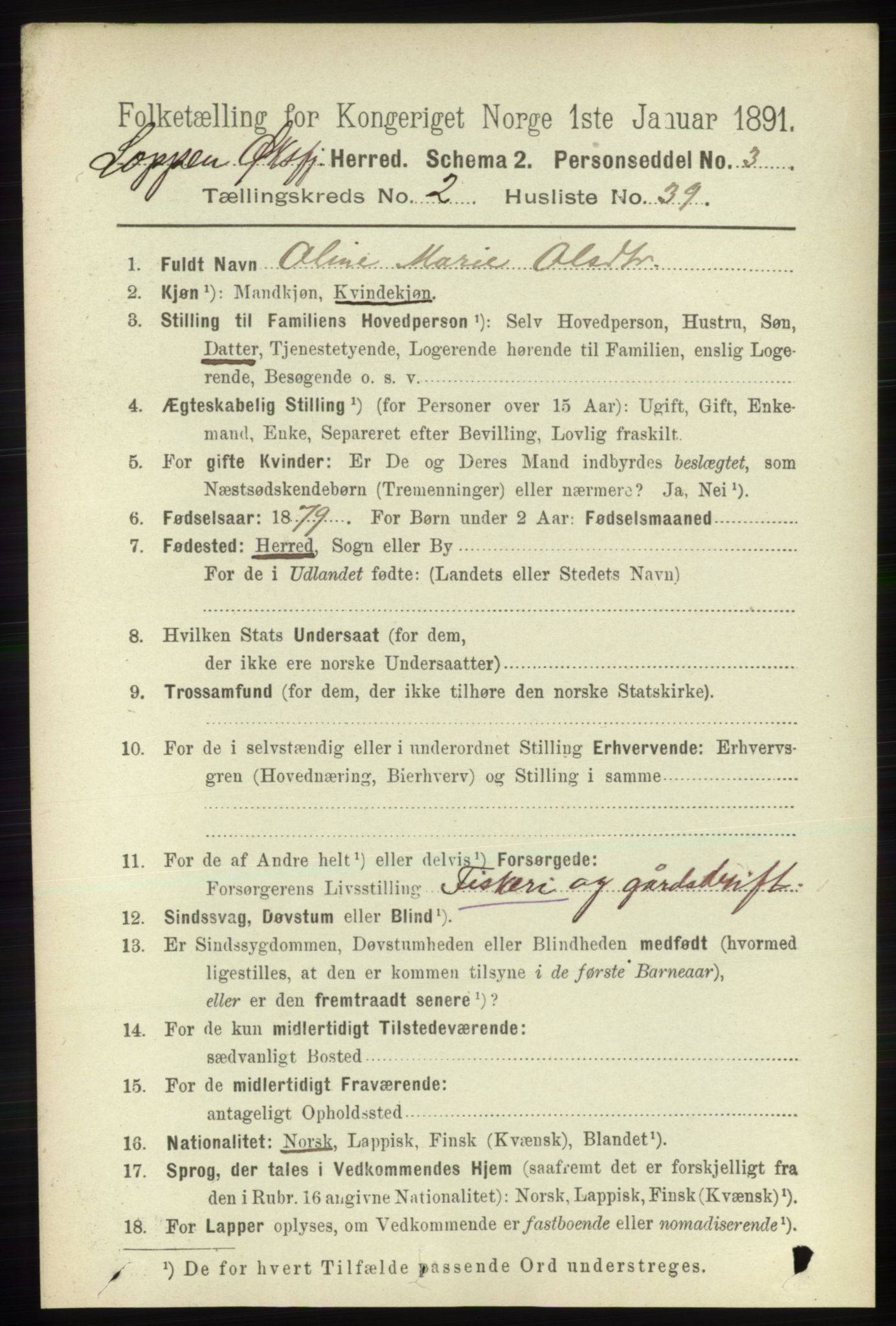 RA, 1891 census for 2014 Loppa, 1891, p. 634