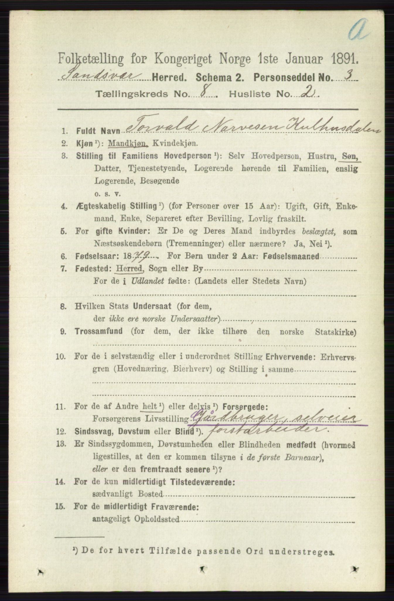 RA, 1891 census for 0629 Sandsvær, 1891, p. 4293