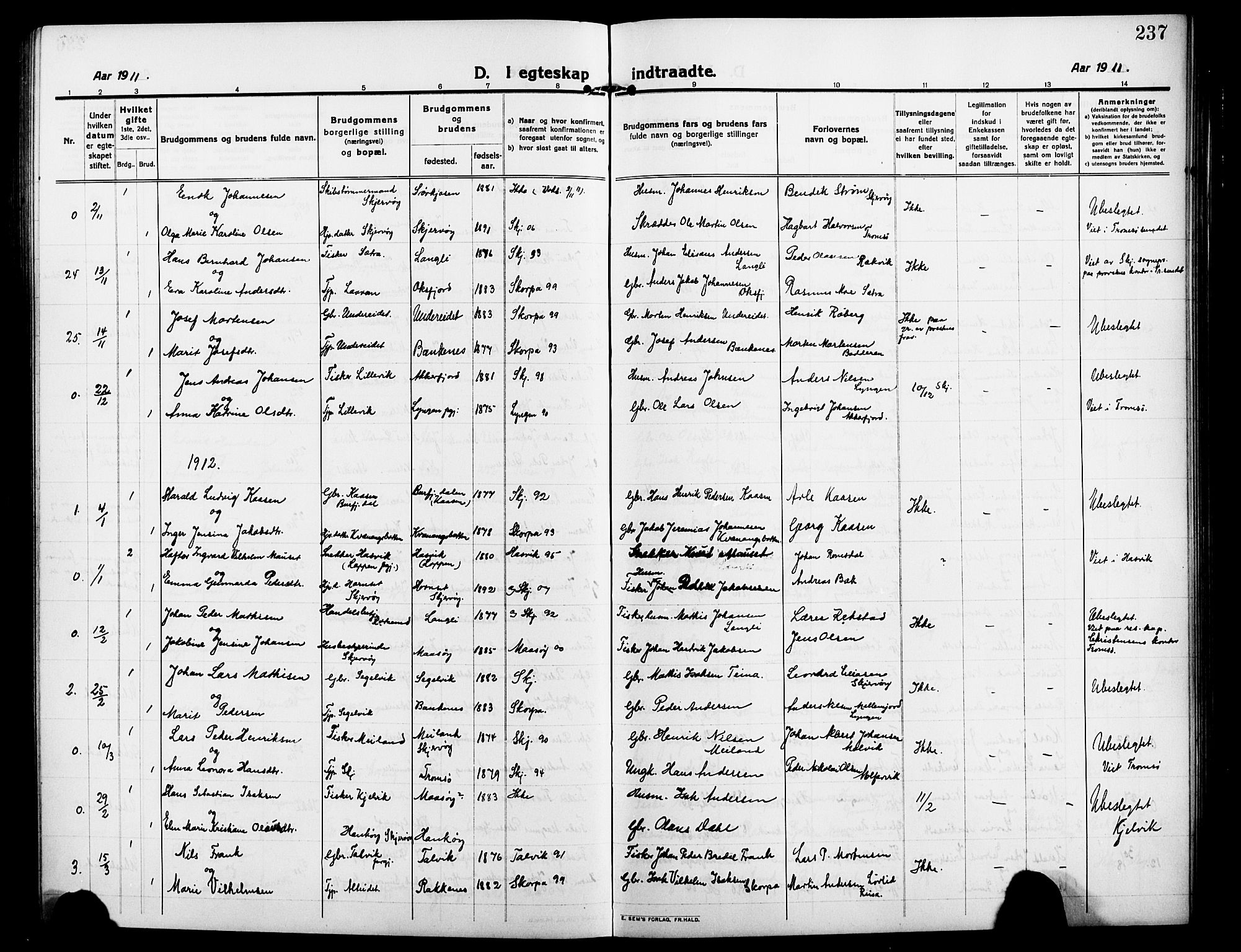 Skjervøy sokneprestkontor, SATØ/S-1300/H/Ha/Hab/L0009klokker: Parish register (copy) no. 9, 1911-1926, p. 237