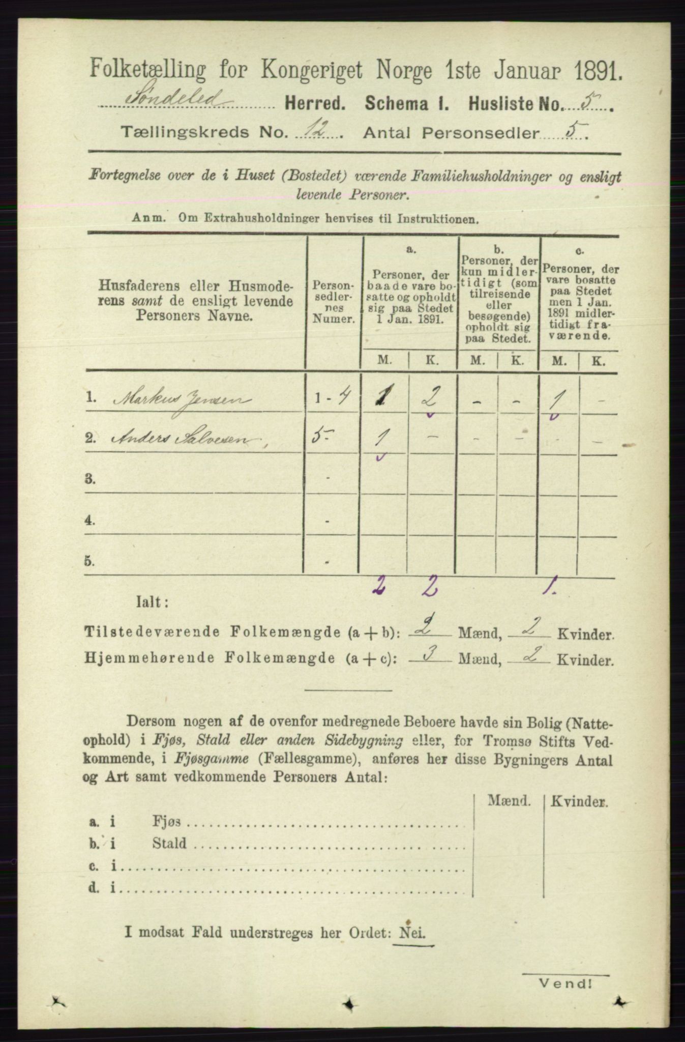 RA, 1891 census for 0913 Søndeled, 1891, p. 3646