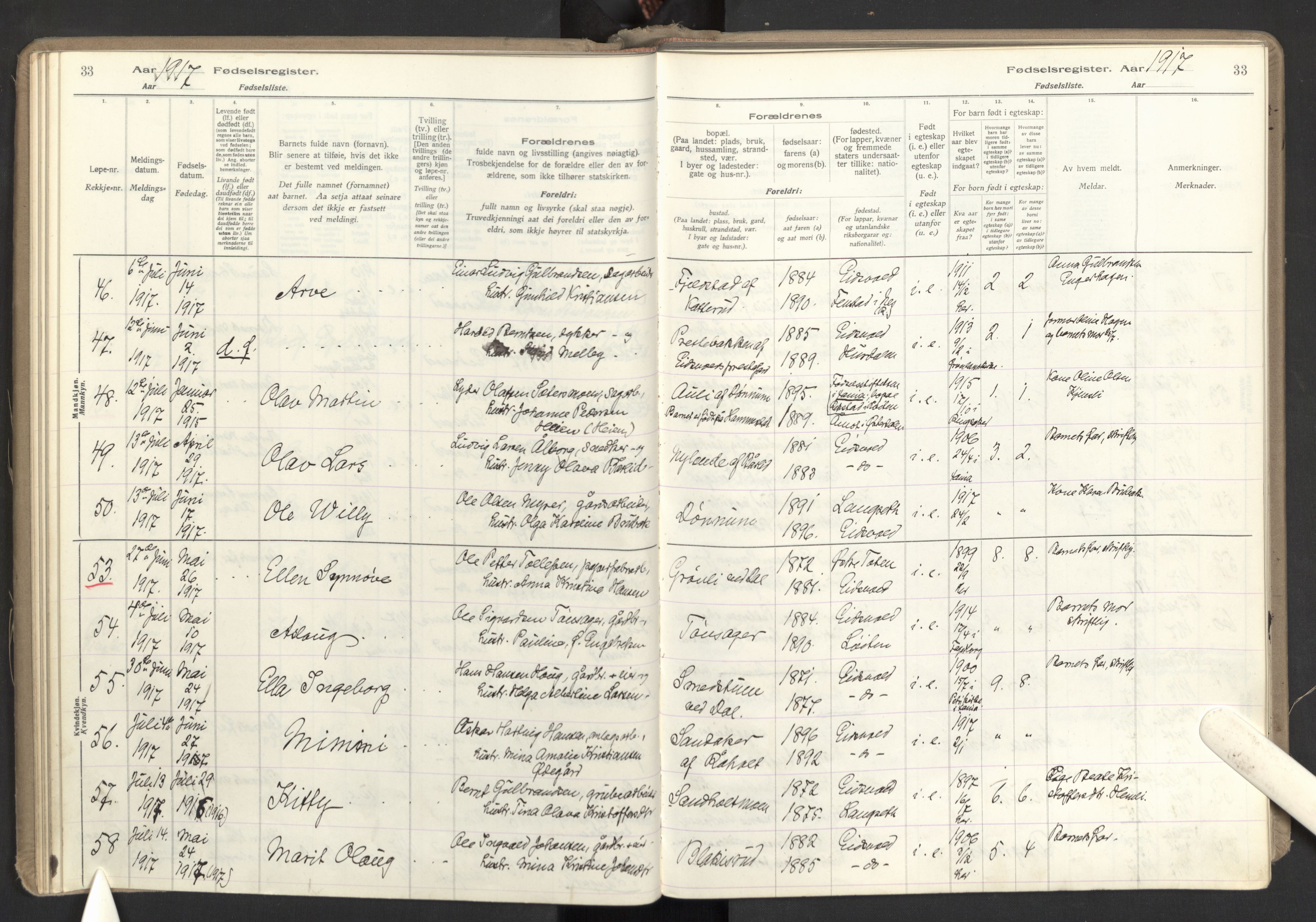 Eidsvoll prestekontor Kirkebøker, AV/SAO-A-10888/J/Ja/L0001: Birth register no. I 1, 1916-1924, p. 33