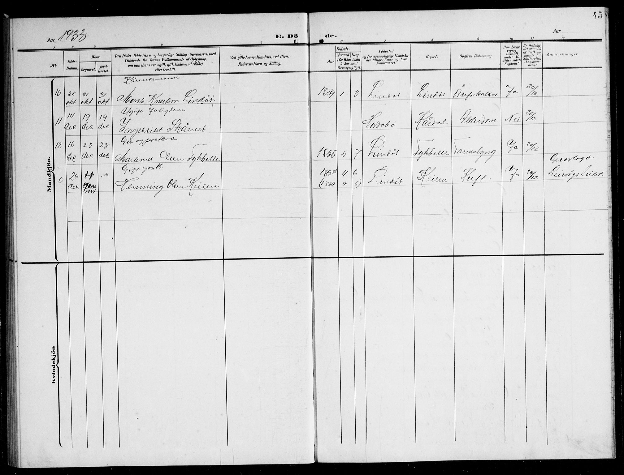 Lindås Sokneprestembete, AV/SAB-A-76701/H/Hab/Habb/L0006: Parish register (copy) no. B 6, 1906-1944, p. 45