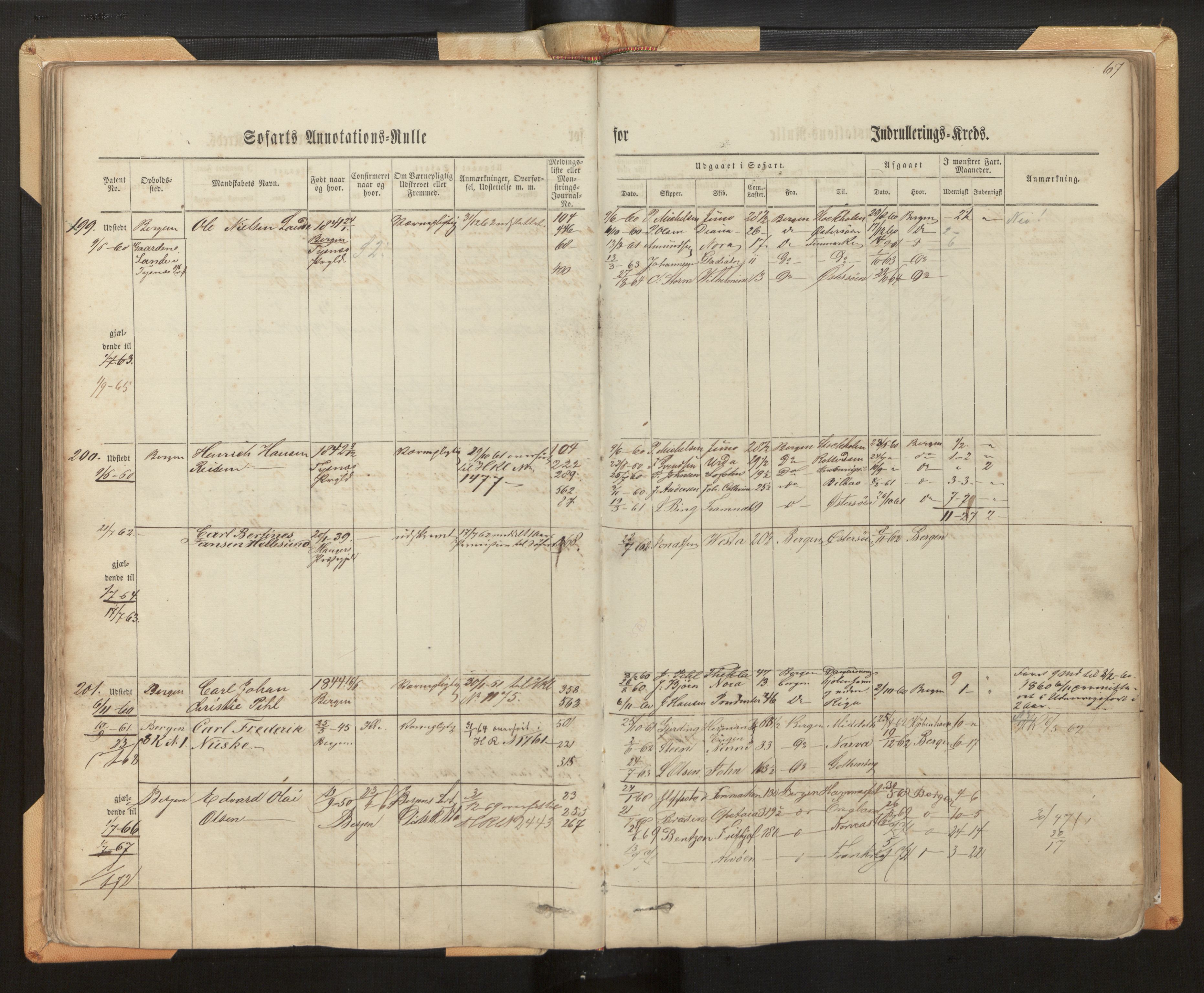 Innrulleringssjefen i Bergen, AV/SAB-A-100050/F/Fh/L0005: Sjøfarts- og annotasjonsrulle for Bergen krets, fol. 1 - 238, 1860-1867, p. 67