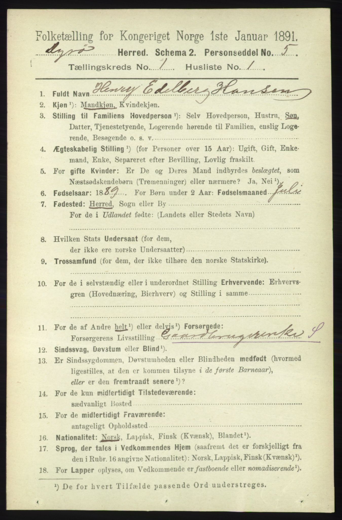 RA, 1891 census for 1926 Dyrøy, 1891, p. 76