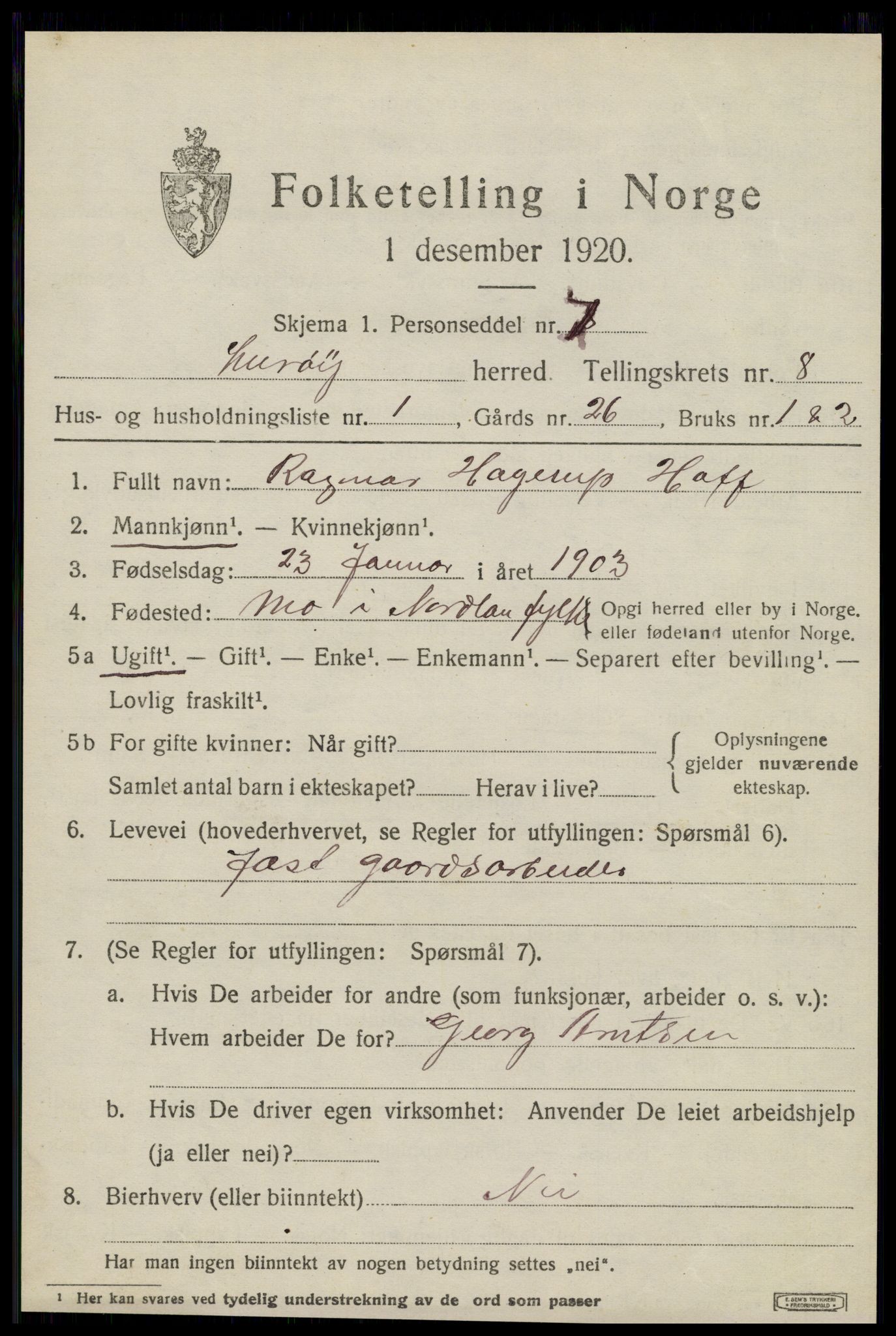 SAT, 1920 census for Lurøy, 1920, p. 3867