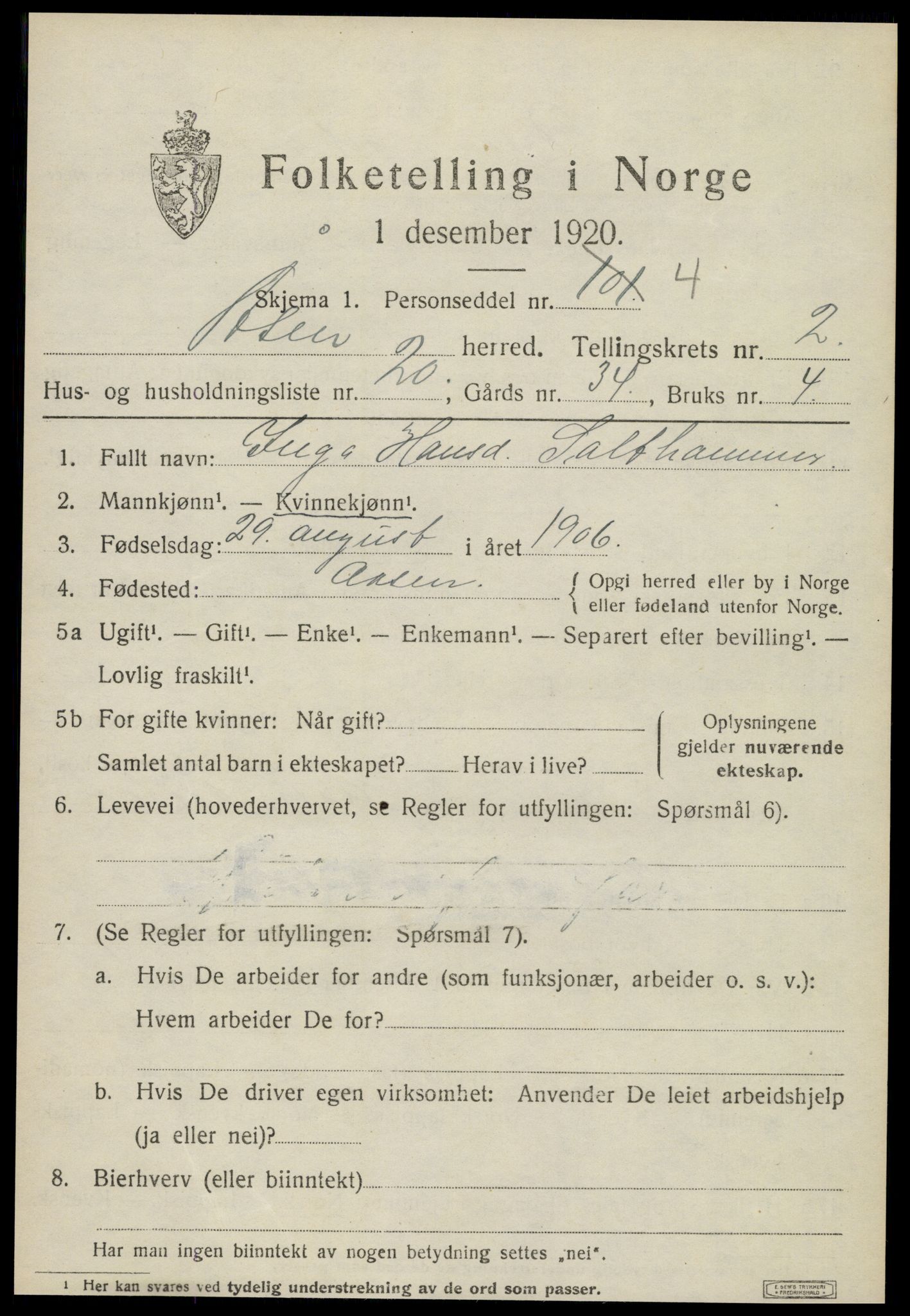 SAT, 1920 census for Åsen, 1920, p. 1908