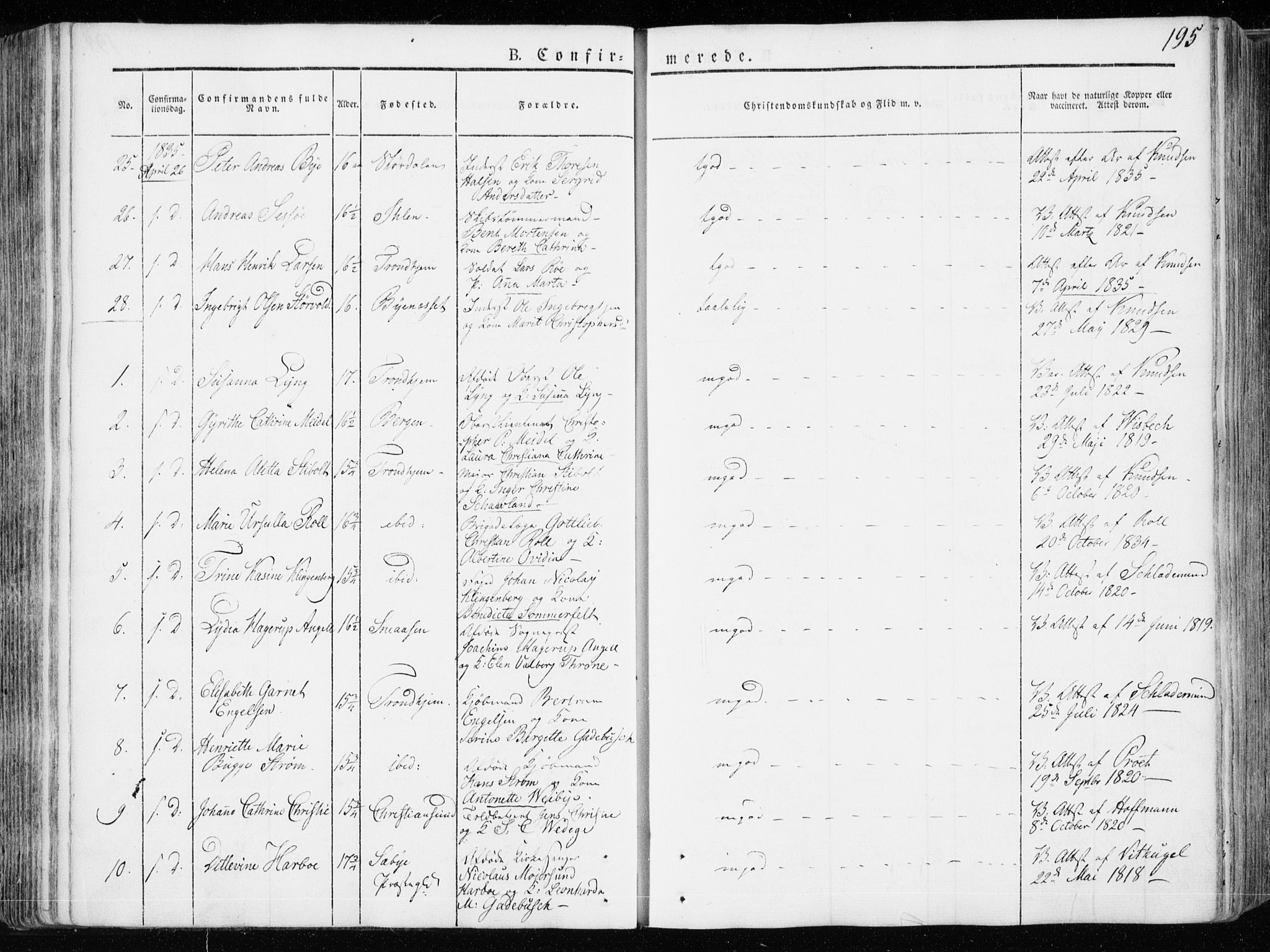 Ministerialprotokoller, klokkerbøker og fødselsregistre - Sør-Trøndelag, SAT/A-1456/601/L0047: Parish register (official) no. 601A15, 1831-1839, p. 195