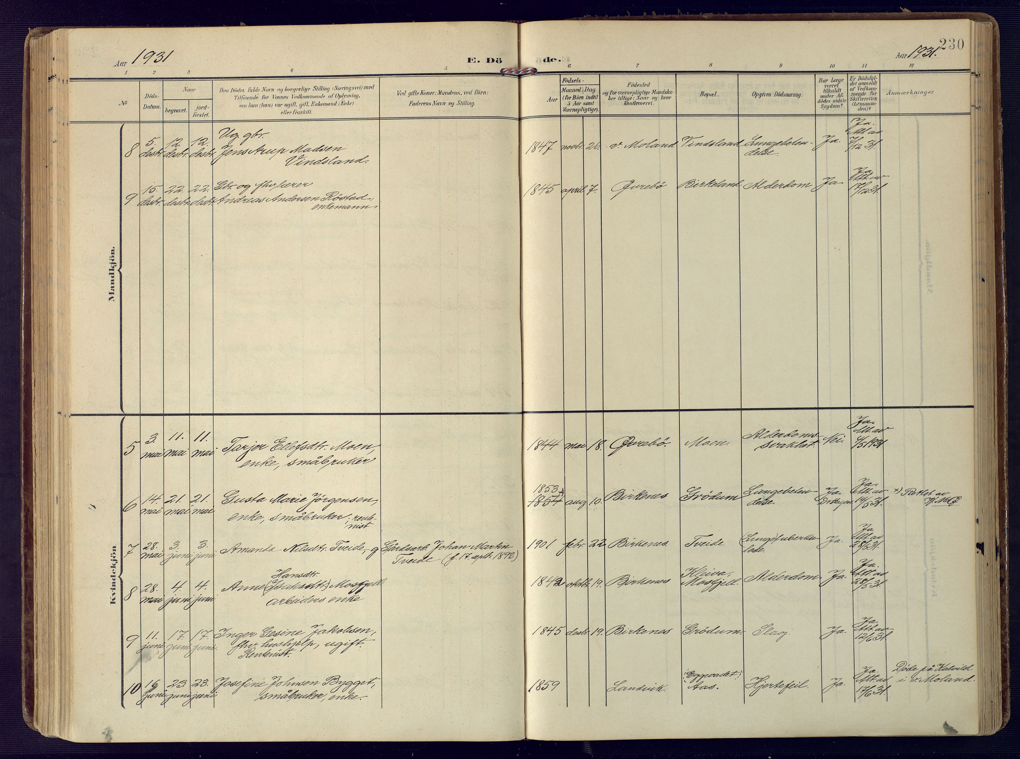 Birkenes sokneprestkontor, SAK/1111-0004/F/Fa/L0006: Parish register (official) no. A 6, 1908-1932, p. 230