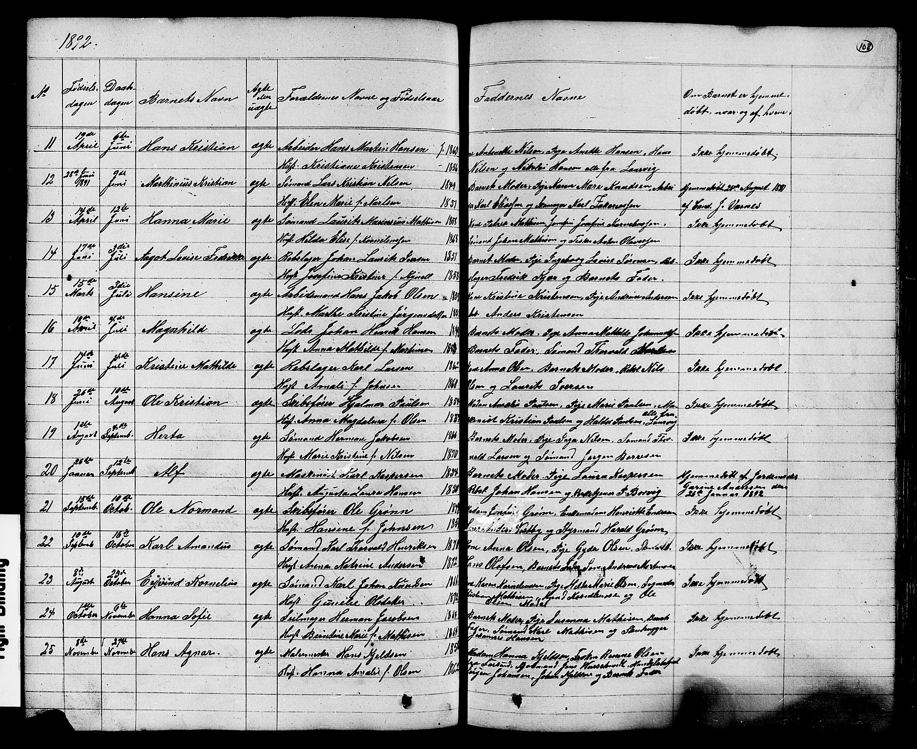 Stavern kirkebøker, AV/SAKO-A-318/G/Ga/L0002: Parish register (copy) no. 2, 1839-1909, p. 108