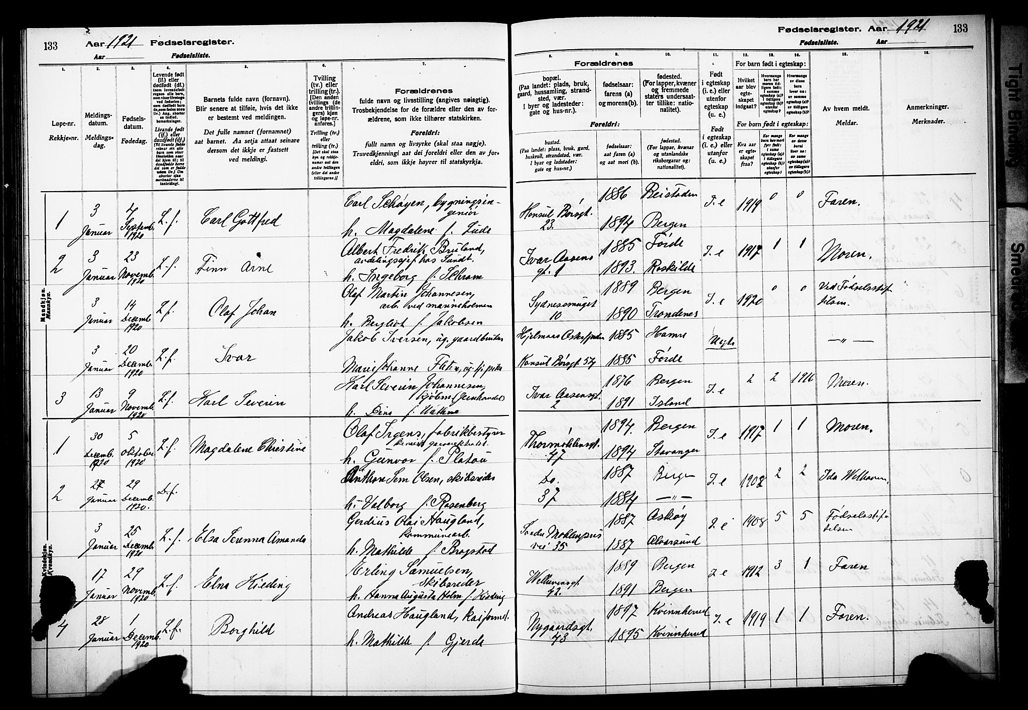 Johanneskirken sokneprestembete, SAB/A-76001/I/Id/L00A1: Birth register no. A 1, 1916-1924, p. 133