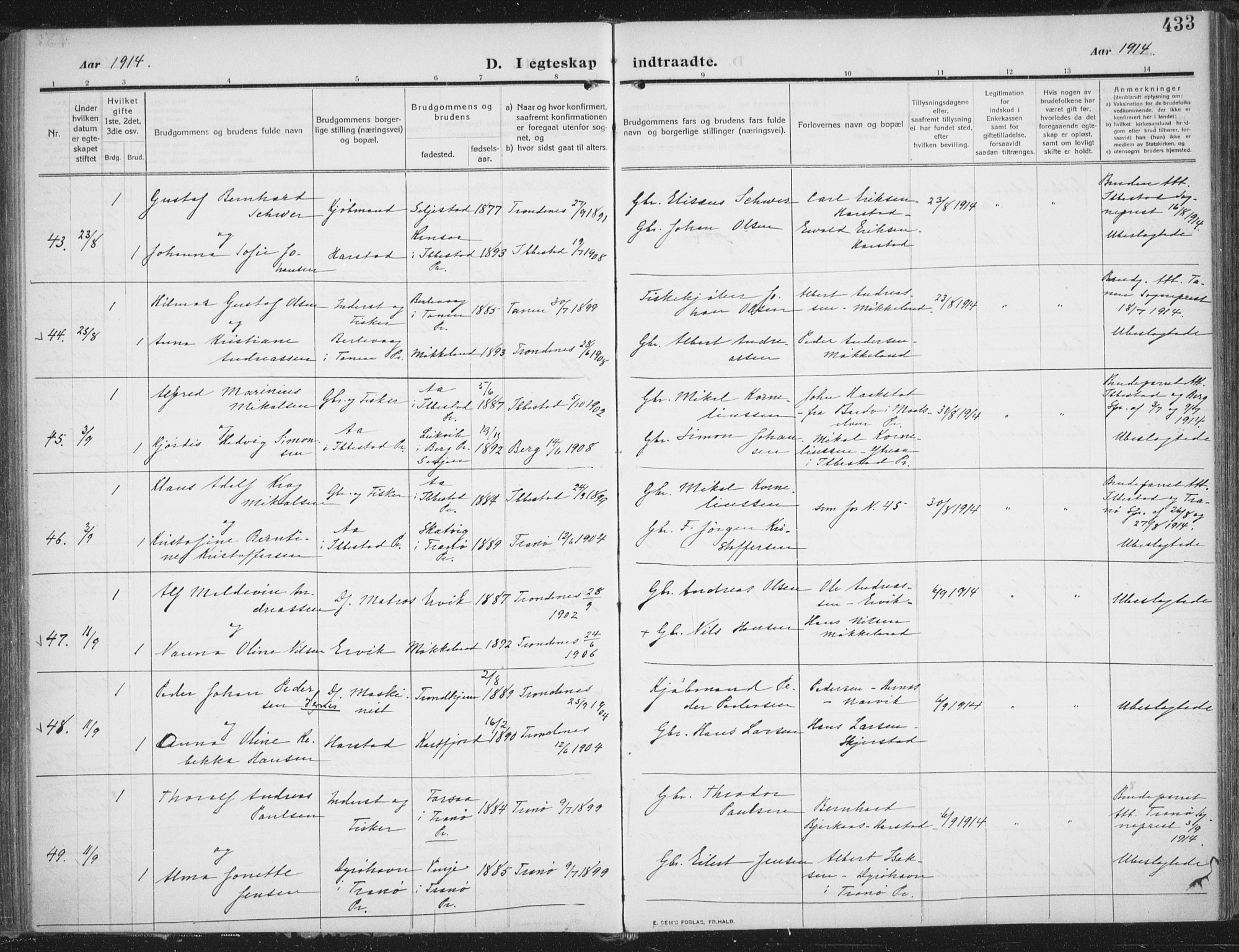 Trondenes sokneprestkontor, SATØ/S-1319/H/Ha/L0018kirke: Parish register (official) no. 18, 1909-1918, p. 433