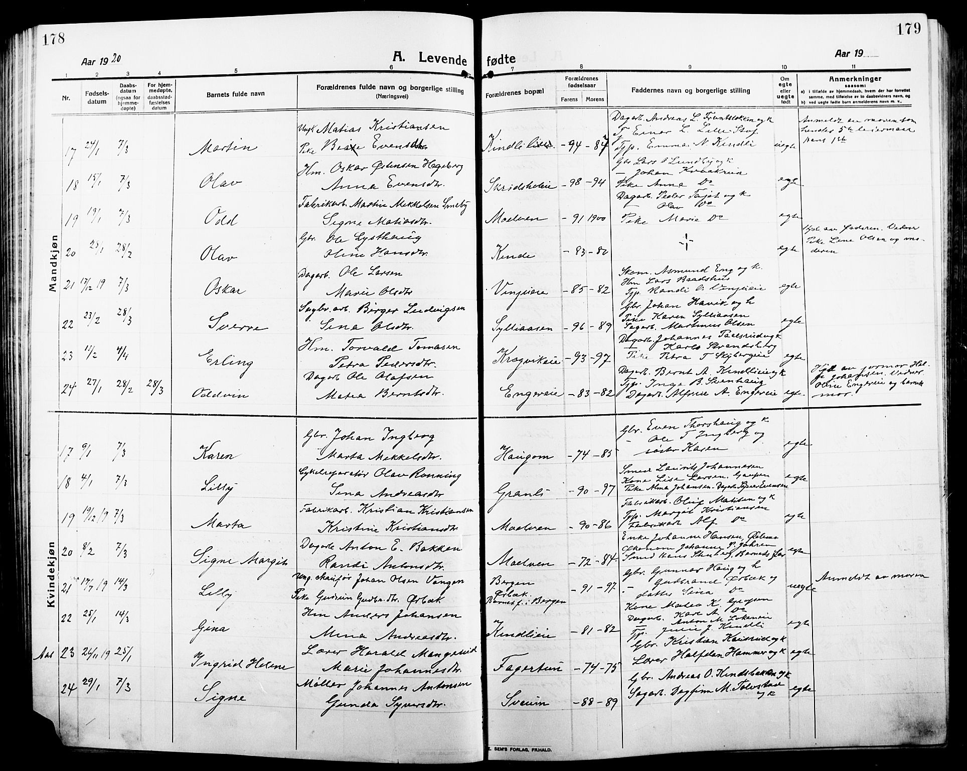 Ringsaker prestekontor, AV/SAH-PREST-014/L/La/L0018: Parish register (copy) no. 18, 1913-1922, p. 178-179