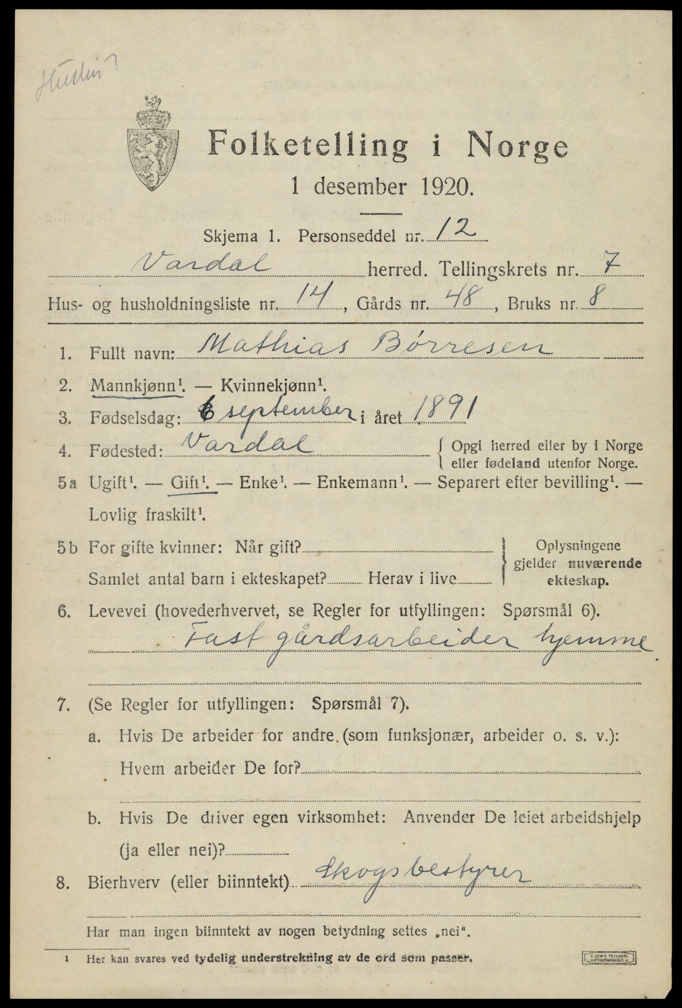 SAH, 1920 census for Vardal, 1920, p. 5061