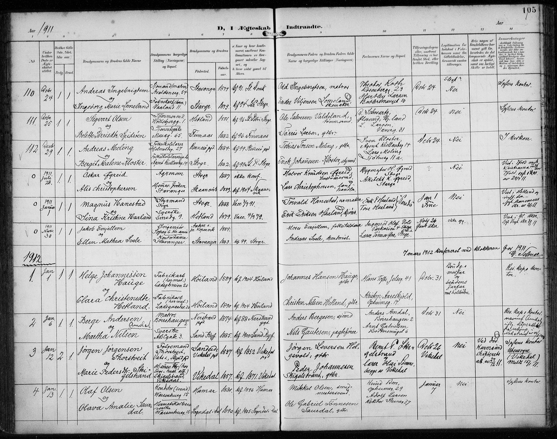 St. Petri sokneprestkontor, AV/SAST-A-101813/002/A/L0003: Parish register (official) no. A 24, 1900-1921, p. 105