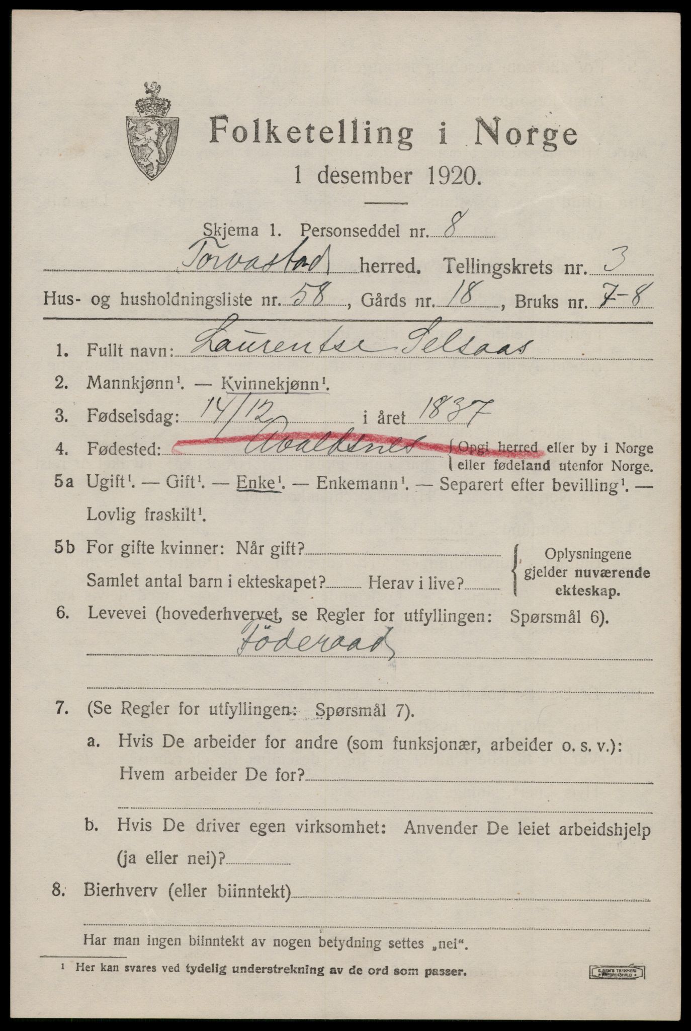 SAST, 1920 census for Torvastad, 1920, p. 3604