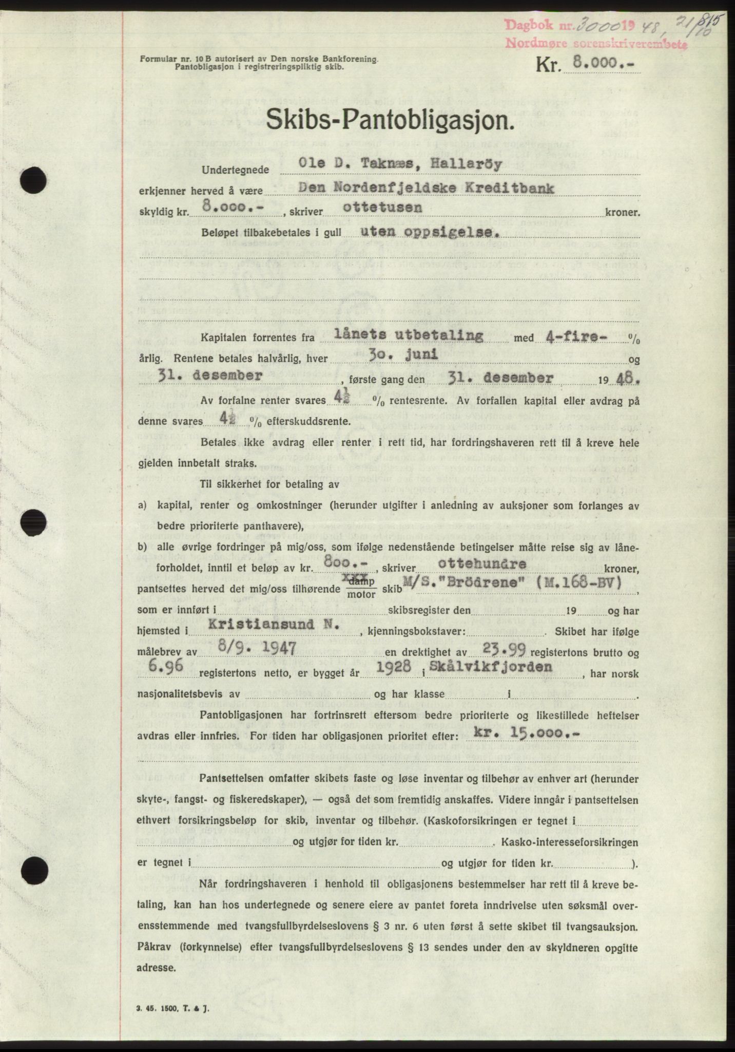 Nordmøre sorenskriveri, AV/SAT-A-4132/1/2/2Ca: Mortgage book no. B99, 1948-1948, Diary no: : 3000/1948