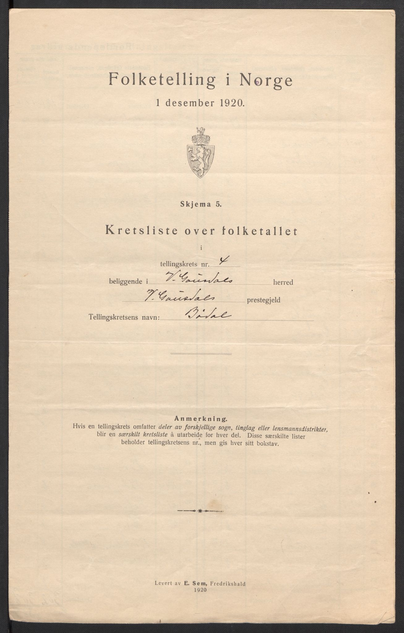 SAH, 1920 census for Vestre Gausdal, 1920, p. 15